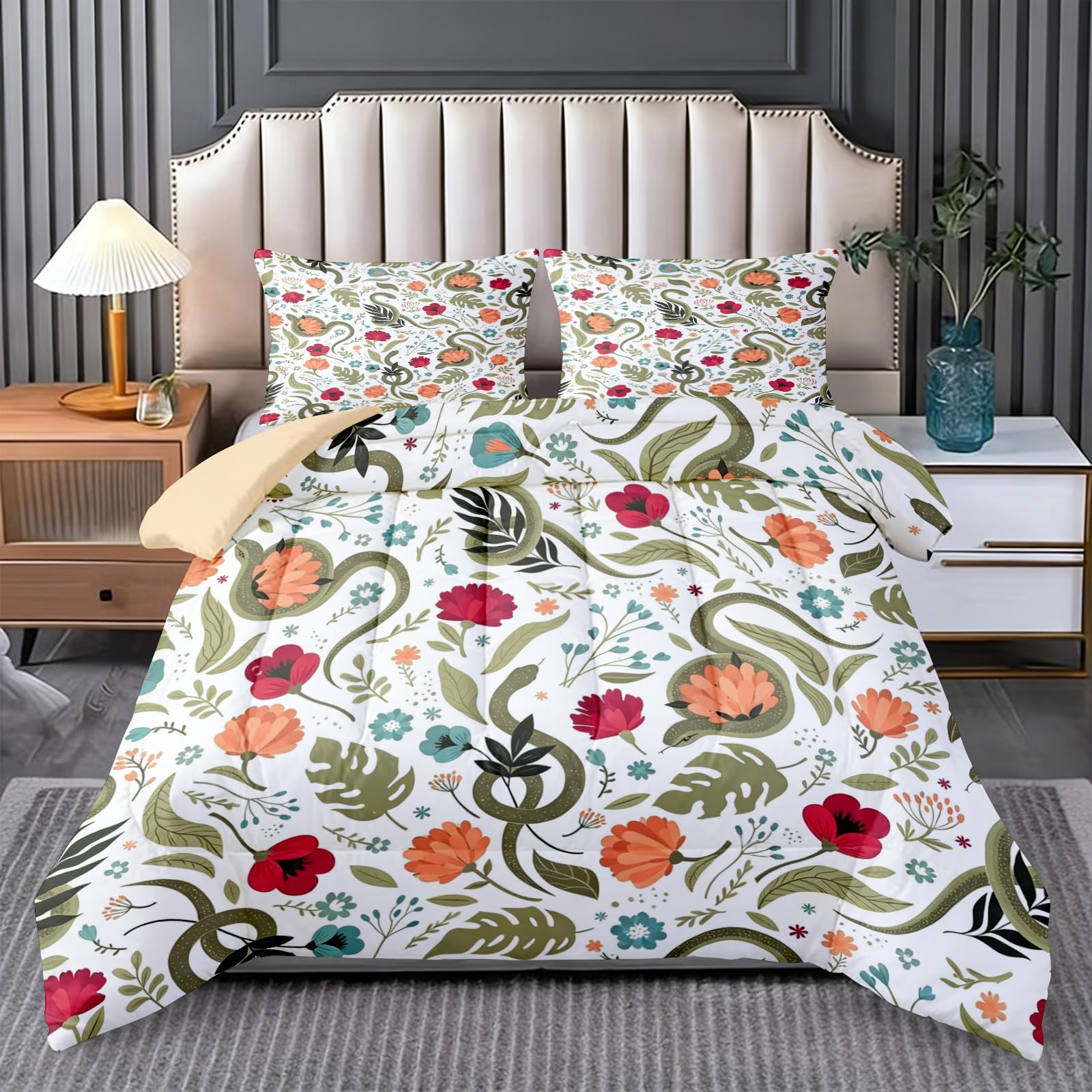 VULORA Schlange Blumen Bettdecke ohne Bezug 200x200 cm 4 Jahreszeiten