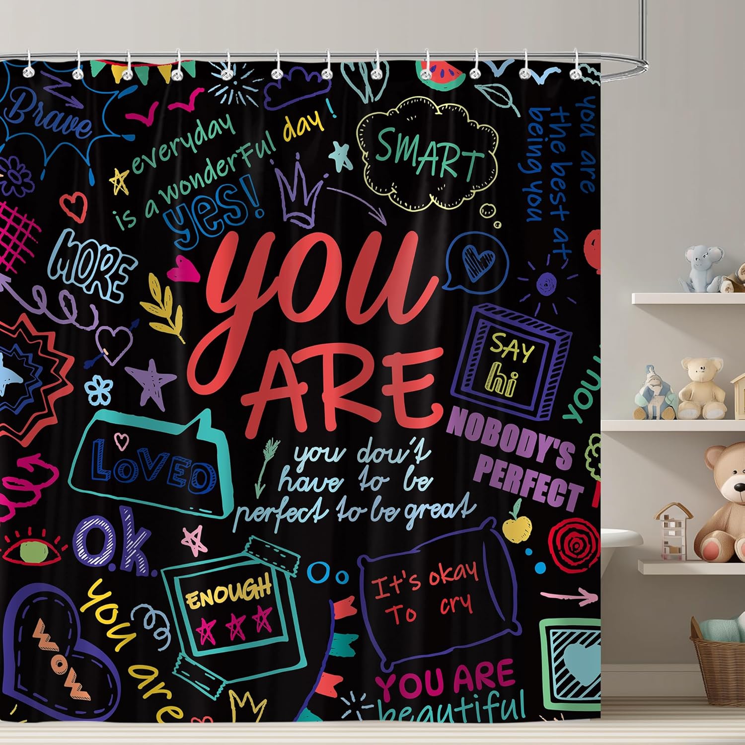 Funny Unicorn Riding Dinosaur Shower Curtain, Cool Cute Cartoon Space Colorful Rainbow Fantasy Galaxy Shower Curtains for Kids Boys Girls Bathroom Set Decor, Waterproof Durable with 12 Hooks, 72x84