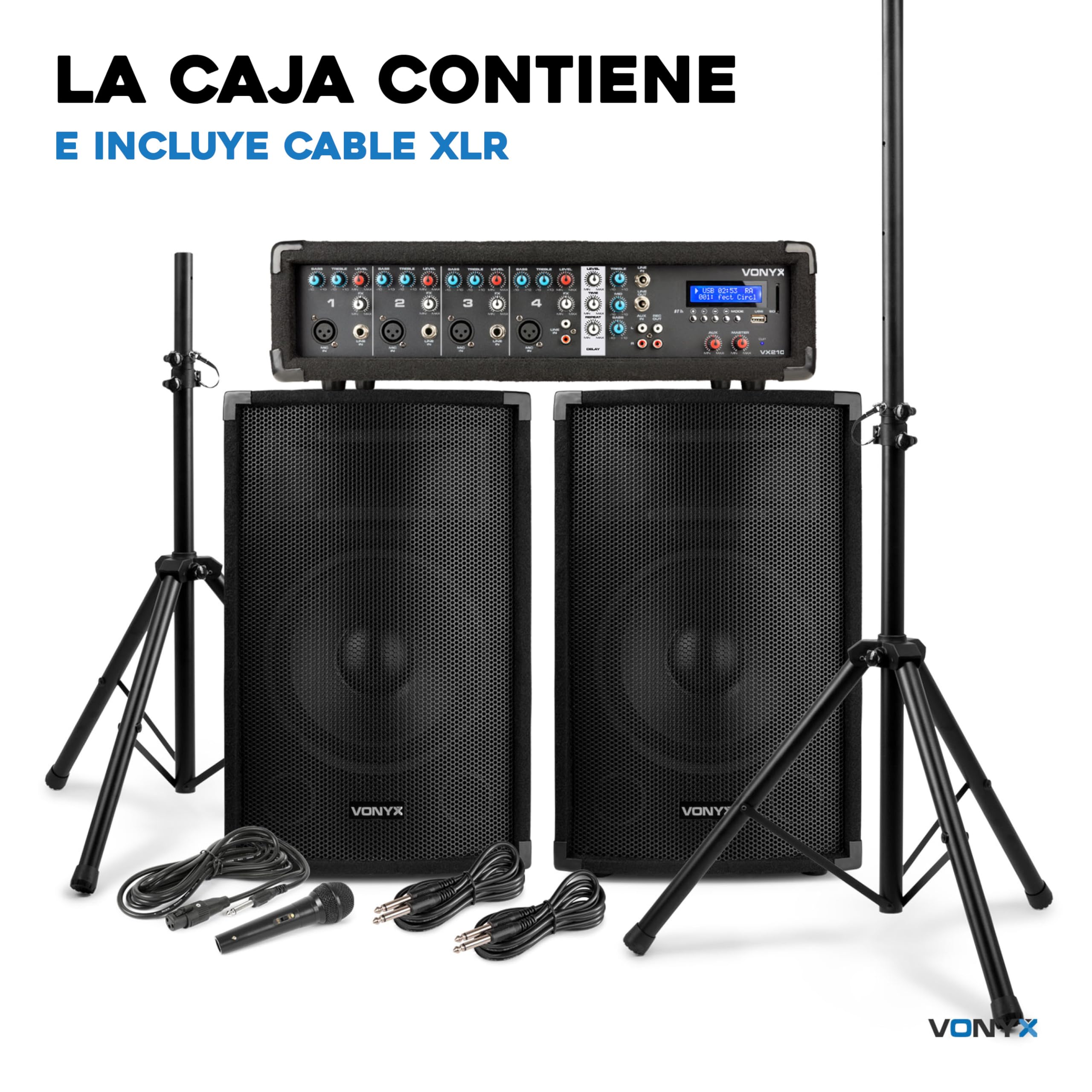 Vonyx VX210 – Sistema de Sonido Activo 800W con 2 Altavoces 10”, Mezclador 4 Canales, Bluetooth, USB, SD, Soportes y micrófono, Equipo de Sonido Profesional para Eventos, Fiestas y DJ, Color Negro