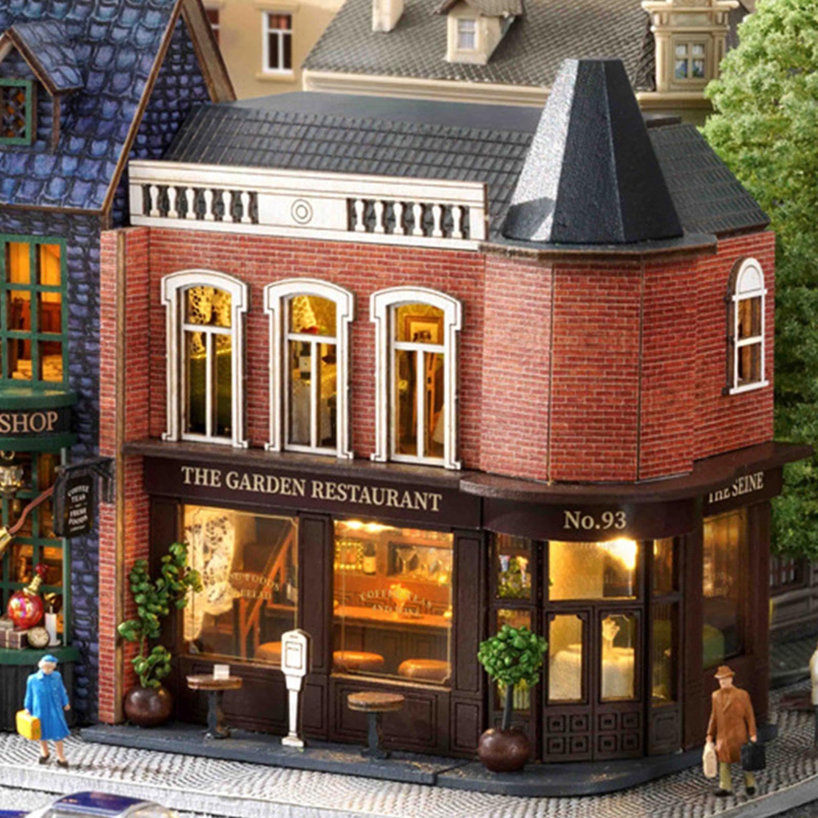 Casa in Miniatura Bambola Legno Kit Fai da Te con Mobilia E Illuminazione Adatto per Regali Collezione Decorazione Interna, Ristorante