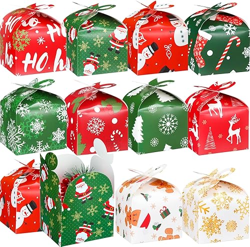Qilery 100 cajas de regalo pequeñas de Navidad 3D con lazo de 3.94 x 3.94 x 3.15 pulgadas, cajas de papel de Navidad, muñeco de nieve, cartón,