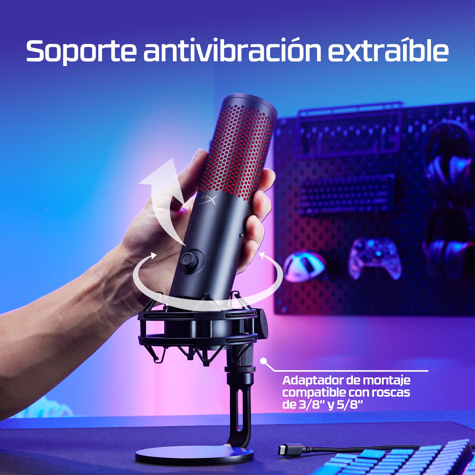 HyperX Quadcast 2 Frost - Micrófono USB para Gaming, Streaming, Podcast, Cuatro Patrones Polares, Controles, LED, antivibración, para PC, PS4, PS5 y Mac, Blanco y Azul