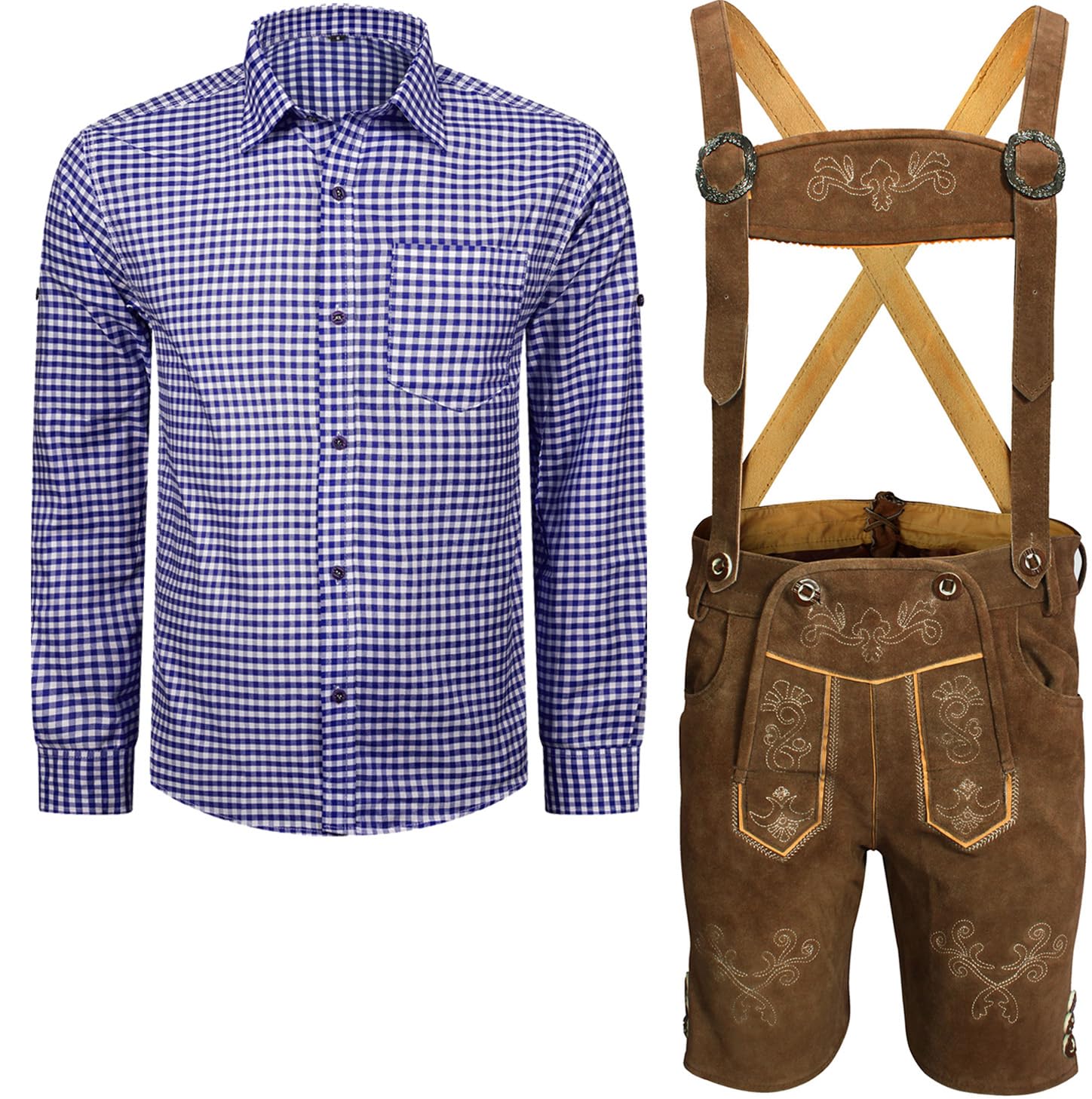 Herren Trachten Set Lederhose mit Trägern + Trachten Hemd Bayerische Oktoberfest (Hose + Hemd) BKB02