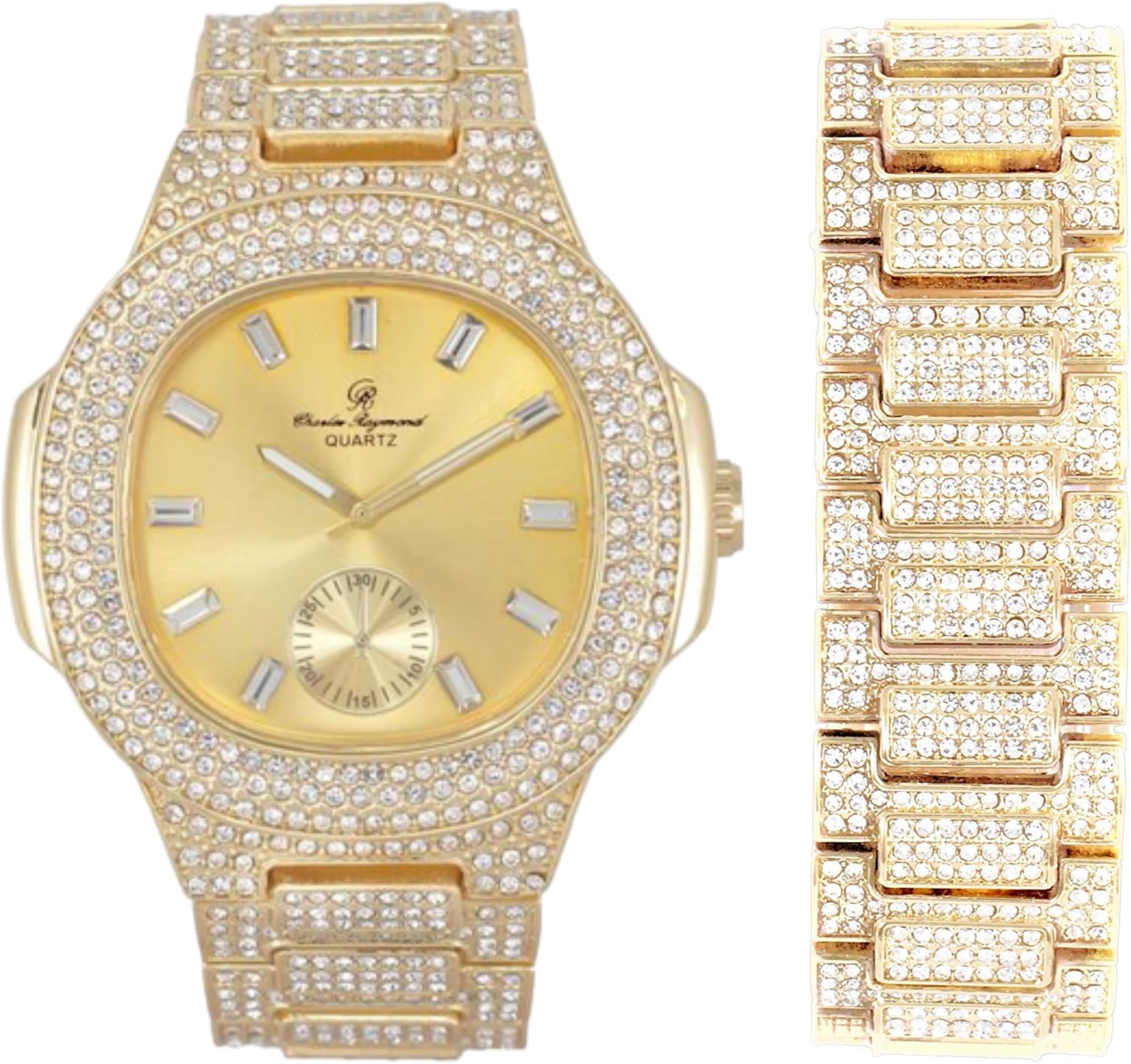 Blinged Out Oblong Case Metal Mens Watch with Blinged Out Bracelet Set - 8475BM