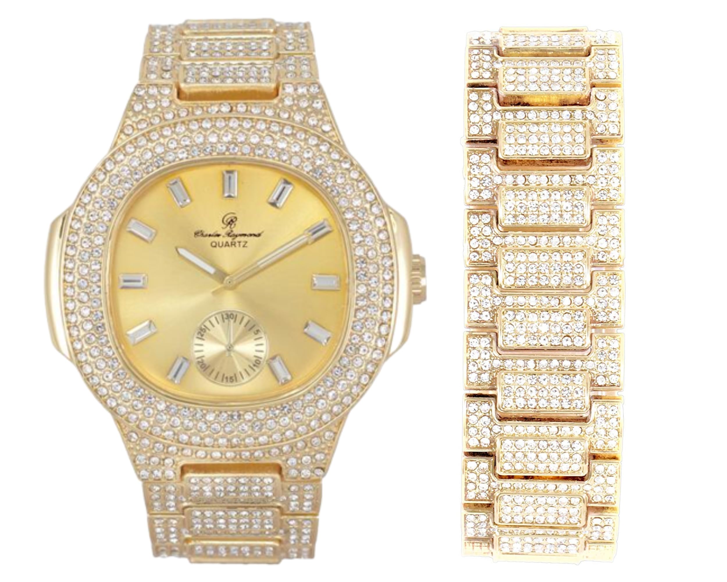 Charles RaymondBlinged Out Oblong Case Metal Mens Watch with Blinged Out Bracelet Set - 8475BM