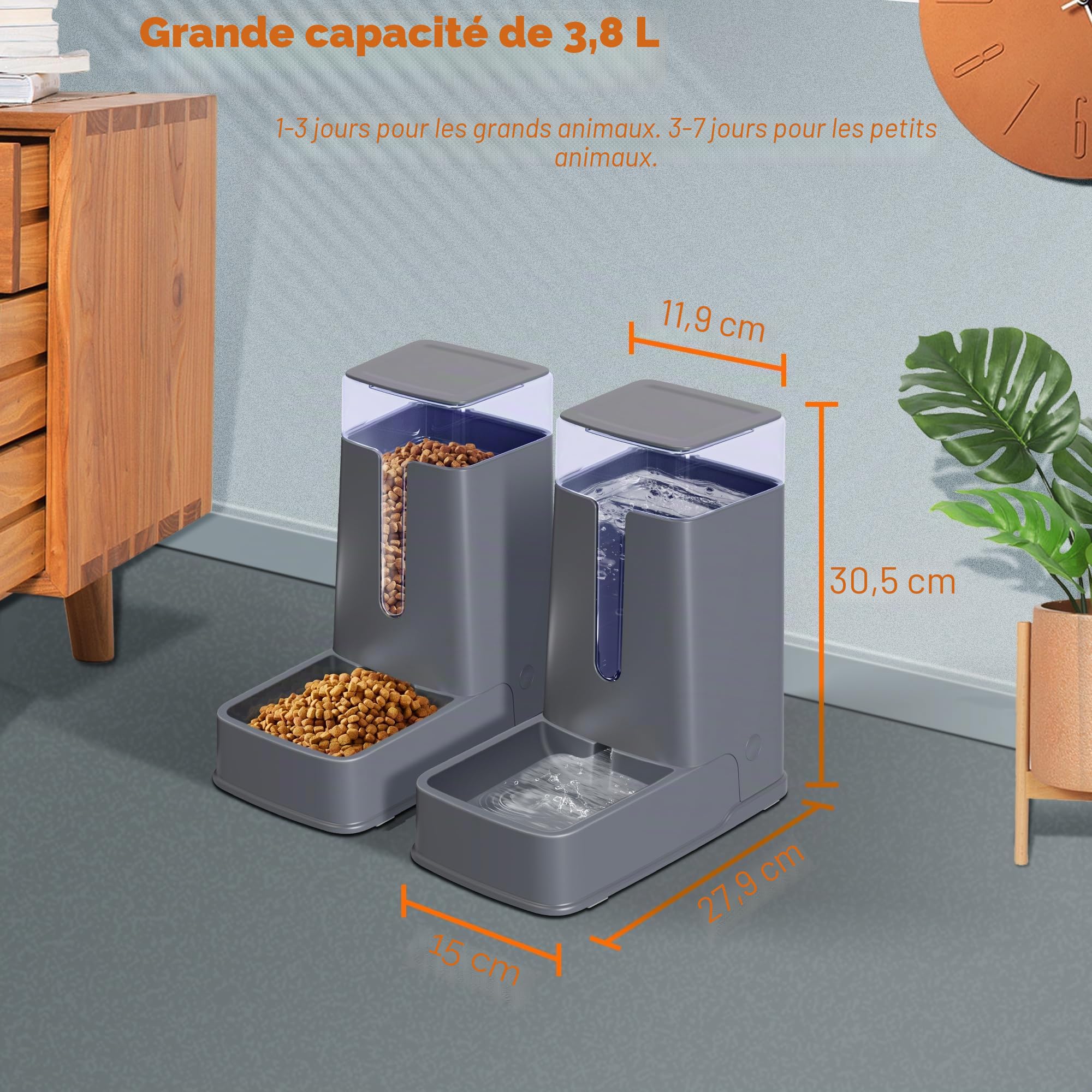 Lot de 2 distributeurs automatiques de Nourriture et d'eau pour Chat de Petite, Moyenne et Grande Taille, pour Chats, Chiens, Chiots, Chatons, 3,8 l x 2