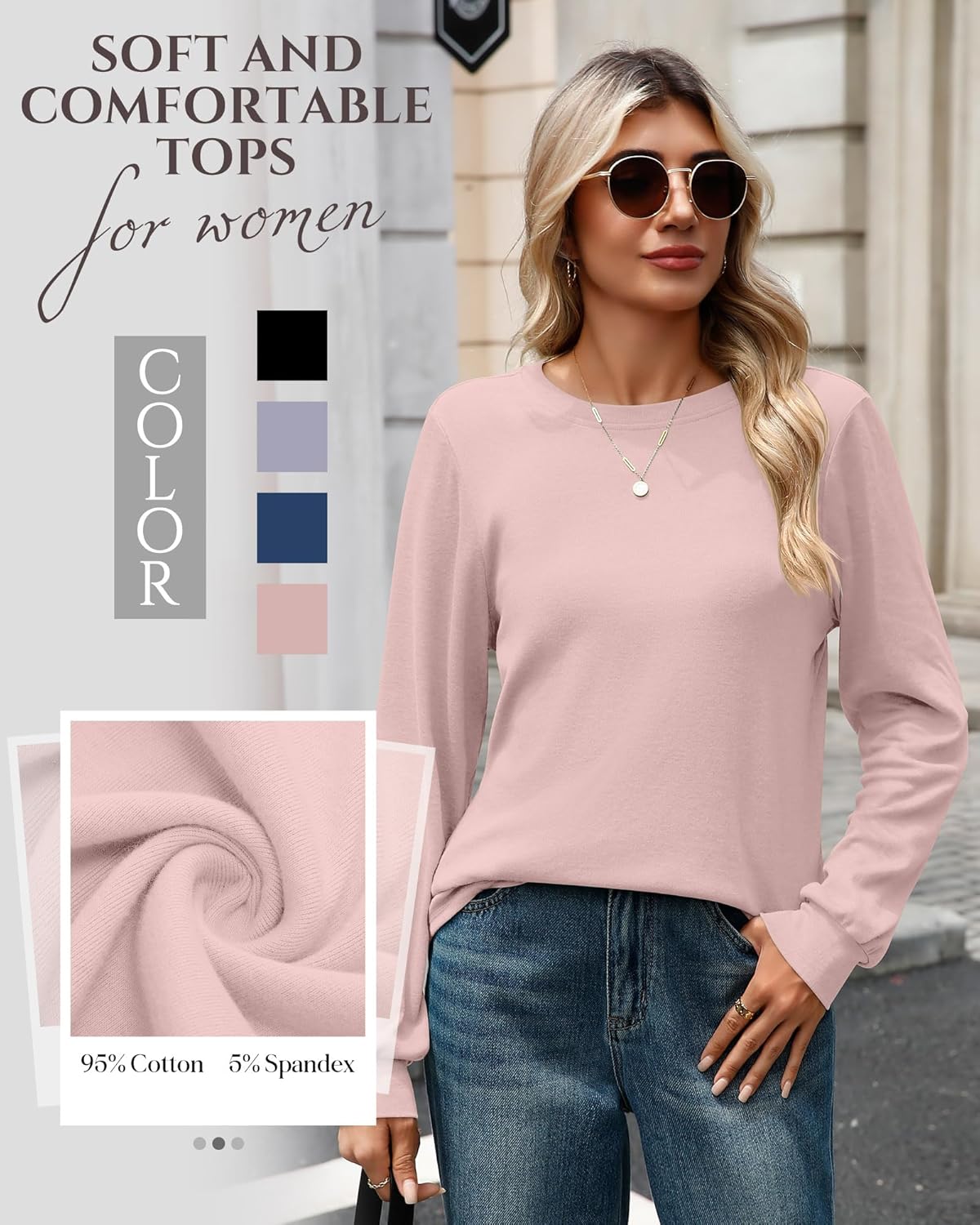 4 Pack Women's Long Sleeve Sweatshirts, Crew Neck Cotton Tees Curved Hem Tunic Pullover Shirts Knit Loose Tops - Image 5