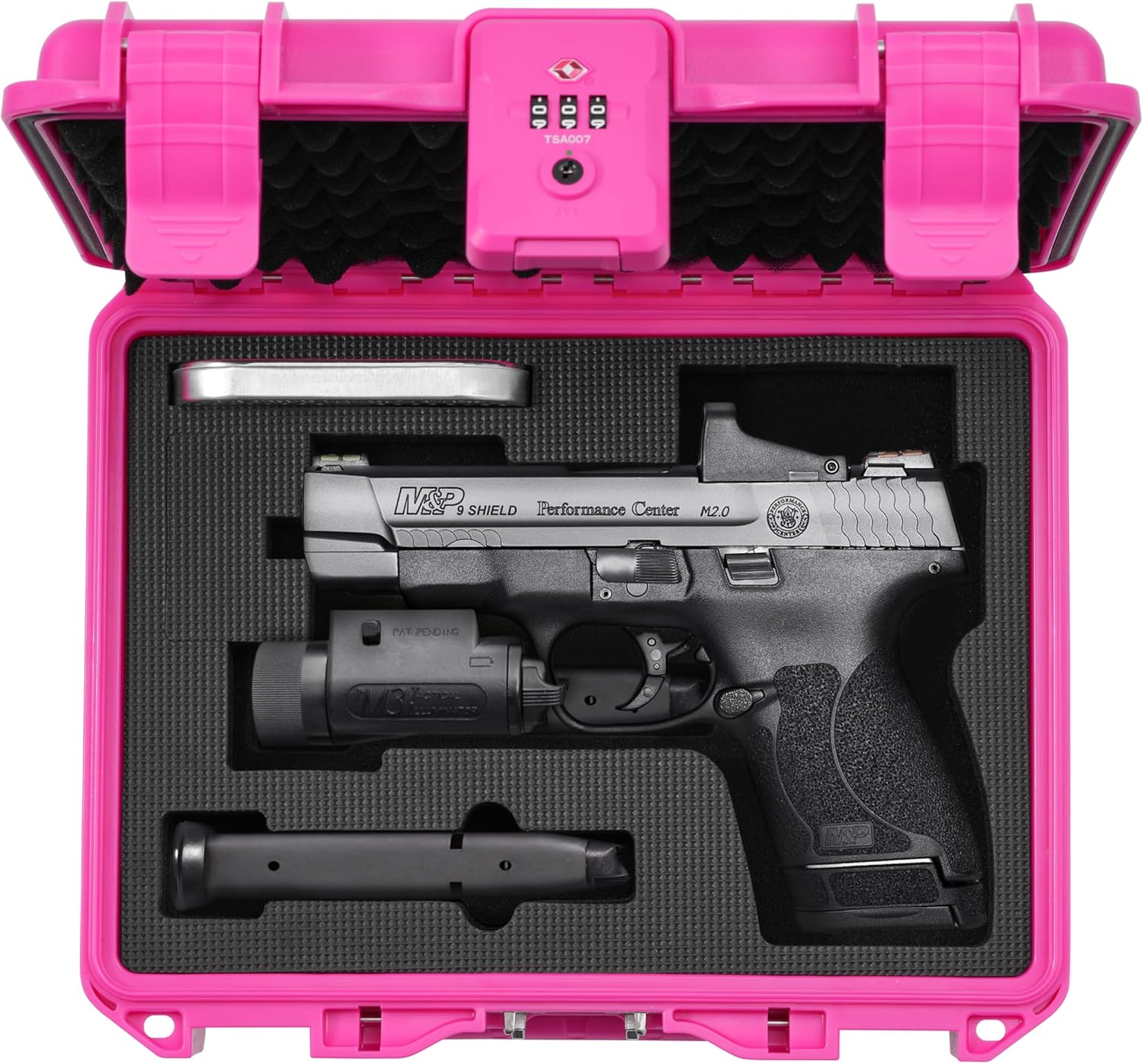 Kinghardcase Pink TSA Approved Pistol Case for Smith & Wesson – Lockable Hard Handgun Case for Travel & Home Storage – Fits M&P 2.0 Full Size & M&P9 Shield Plus with Optic & Tactical Light