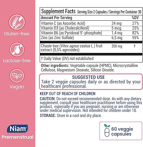 Miniatura 7 de Vitex Agnus Castus 350 mg Alivio del dolor menstrual y calambres PMS Equilibrio hormonal y apoyo del período Casteberry, vitamina B6, D, C y