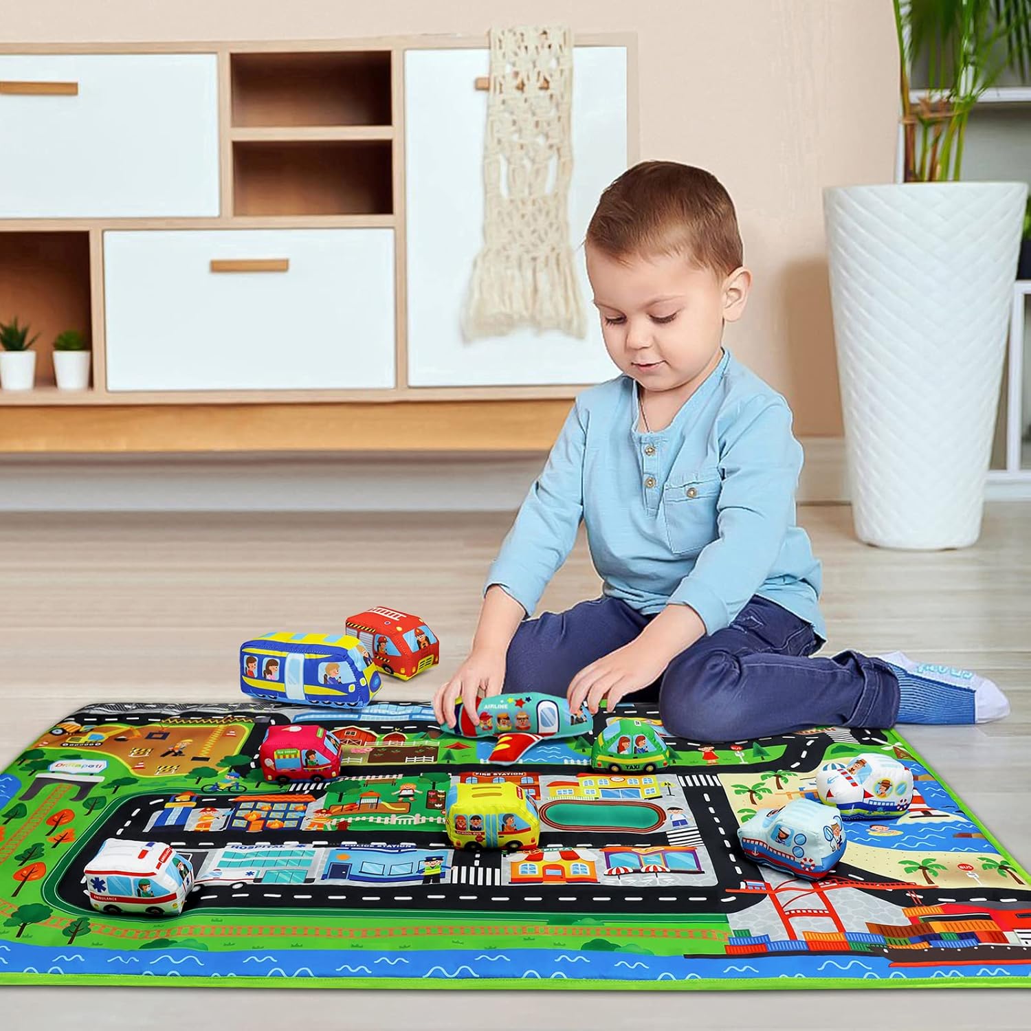 Dr.Rapeti Soft Toy Car Set for Babies Infants Toddlers Kids 1 Oversize Play Mat 10 Soft Toy Cars 47x30inches Washable Non-Toxic
