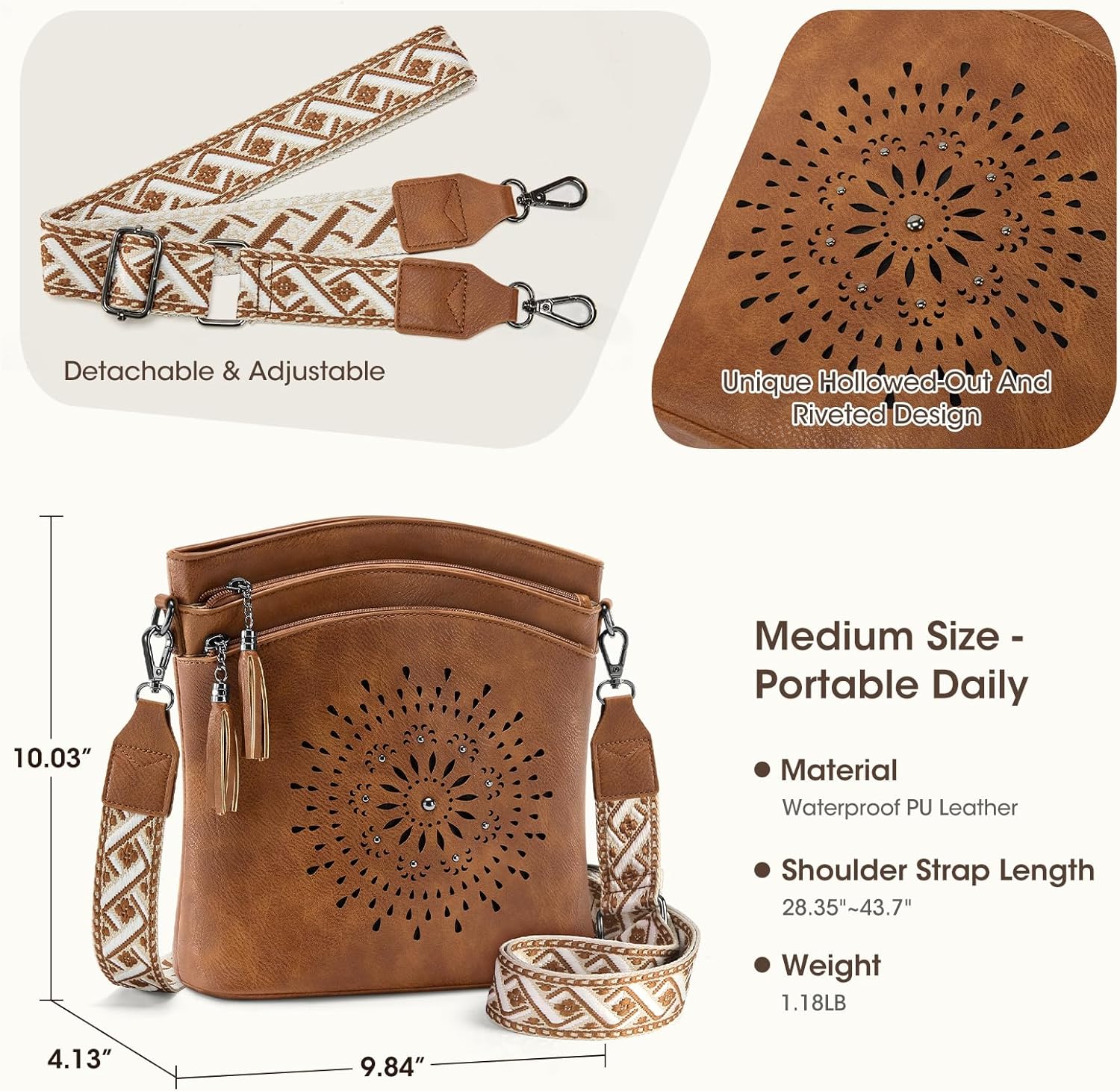 RAINSMORE Women's Medium Leather Crossbody Bag - Lightweight Casual Purse for Weekend Shopping, Everyday Outings, Travel