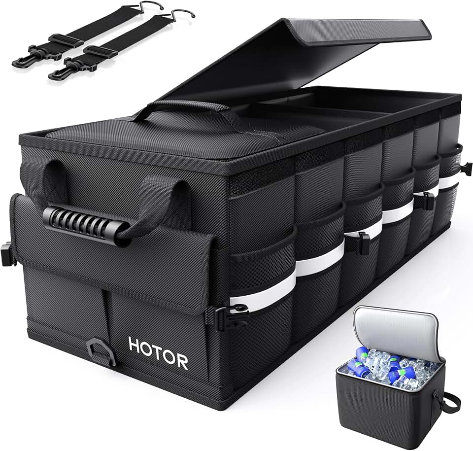 HOTOR Trunk Organizer - Car Organizers for SUV with Removable Cooler Bag | Foldable Cover, 3 Compartments Car Storage Essential Car Accessories for Truck, Van &amp; Sedan, Black, 33.1" x 12.6" x 11.0"