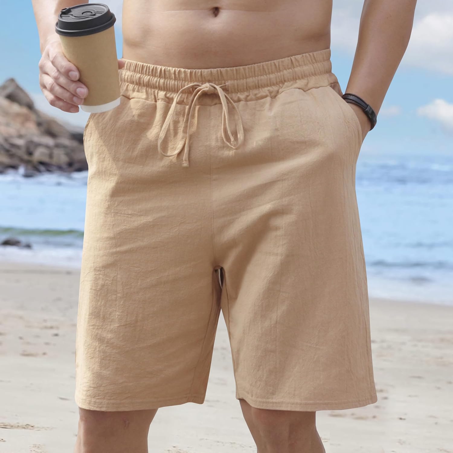 Mens Linen Shorts Casual Drawstring Elastic Waist Lightweight Breathable Summer Beach Shorts for Men - Image 2