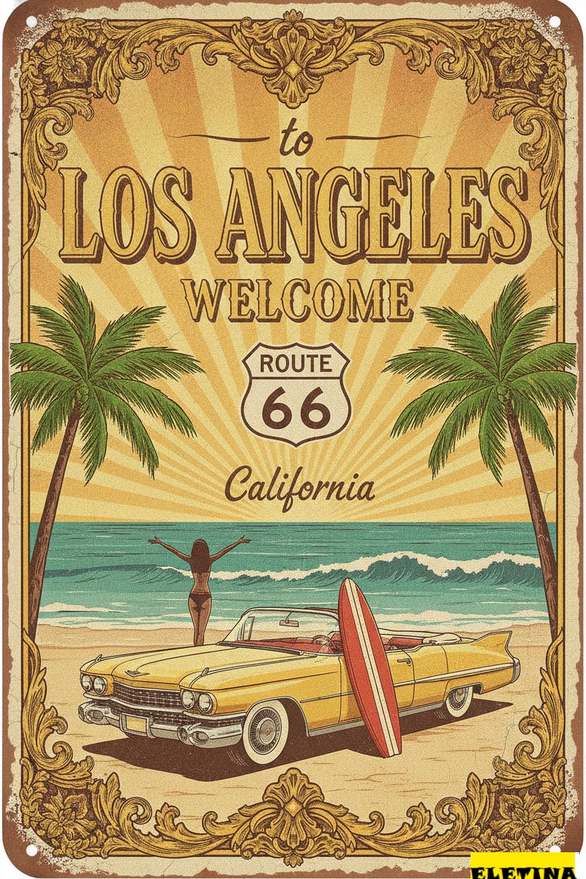 Los Angeles Route 66 Beach Tin Sign, 8x12 Inch Decor