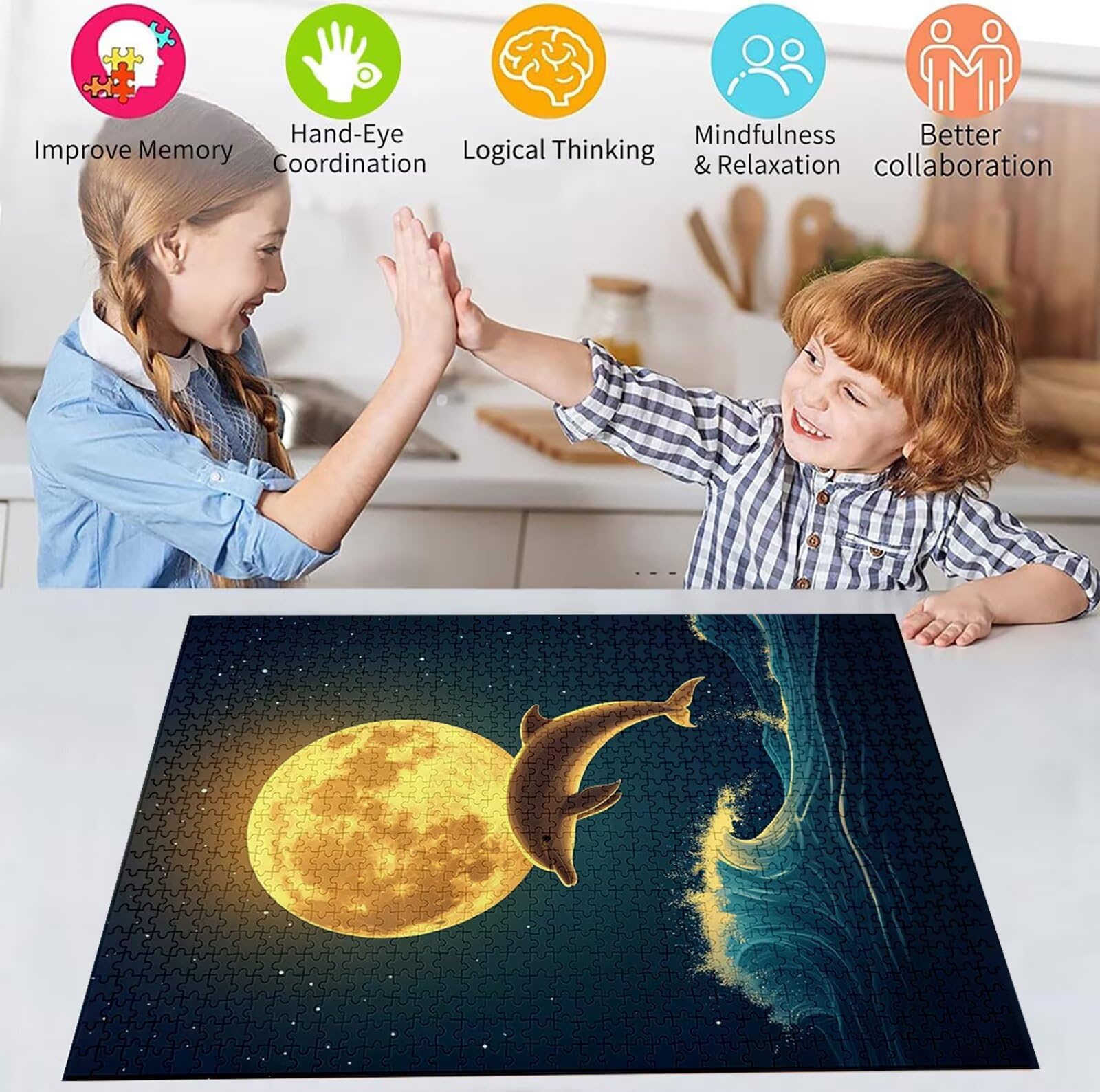 Puzzle 5000 Pezzi, 3 4 5 Anni Puzzle Luna 6 7 8 Anni Giochi Educativi Sostenibili Con Motivi Per Adulti Da Gioco in Legno Di Alta Qualità Jigsaw Delfino per Gioco Familiare, 2026 Regalo Natale H-2213