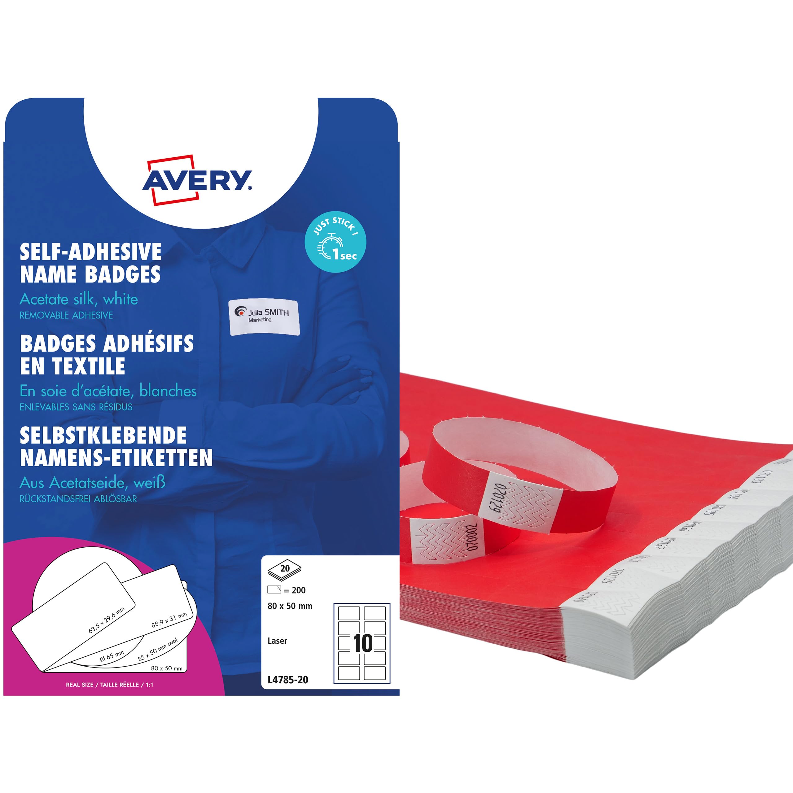AVERY Zweckform L4785-20 Namensetiketten 200 Stück (80x50mm, bedruckbar) weiß & TYVRD-50 Einlassbänder Tyvek 500 Stück (256x19mm, fortlaufend nummeriert, reiß- & wasserfest, Klebeverschluss) neonrot