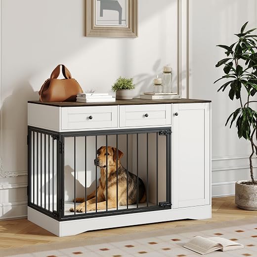 47'' Farmhouse Dog Crate Furniture & TV Stand with Double Doors, Modern Indoor Kennel Dog Cage Buffet Cabinet Side End Table with 2 Drawers and Storage Cabinet for Small Medium Dogs Pet House