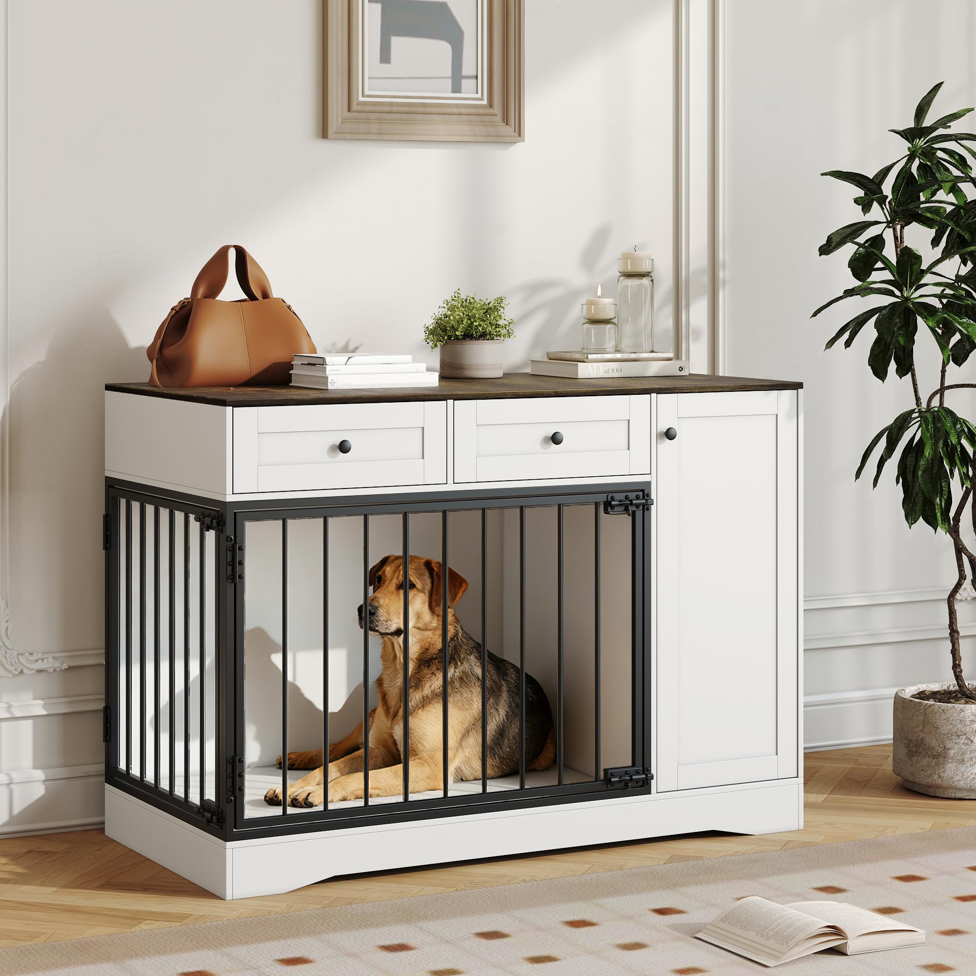 Hundekäfig Möbel, Hundebox 120 x 60 x 86cm für Zuhause mit 2 Türen, 2 Schubladen & Stauraum, Moderne Hundebox Holz, Beistelltisch, für Kleine und Mittelgroße Hunde, Hundekäfig Indoor, Weiß