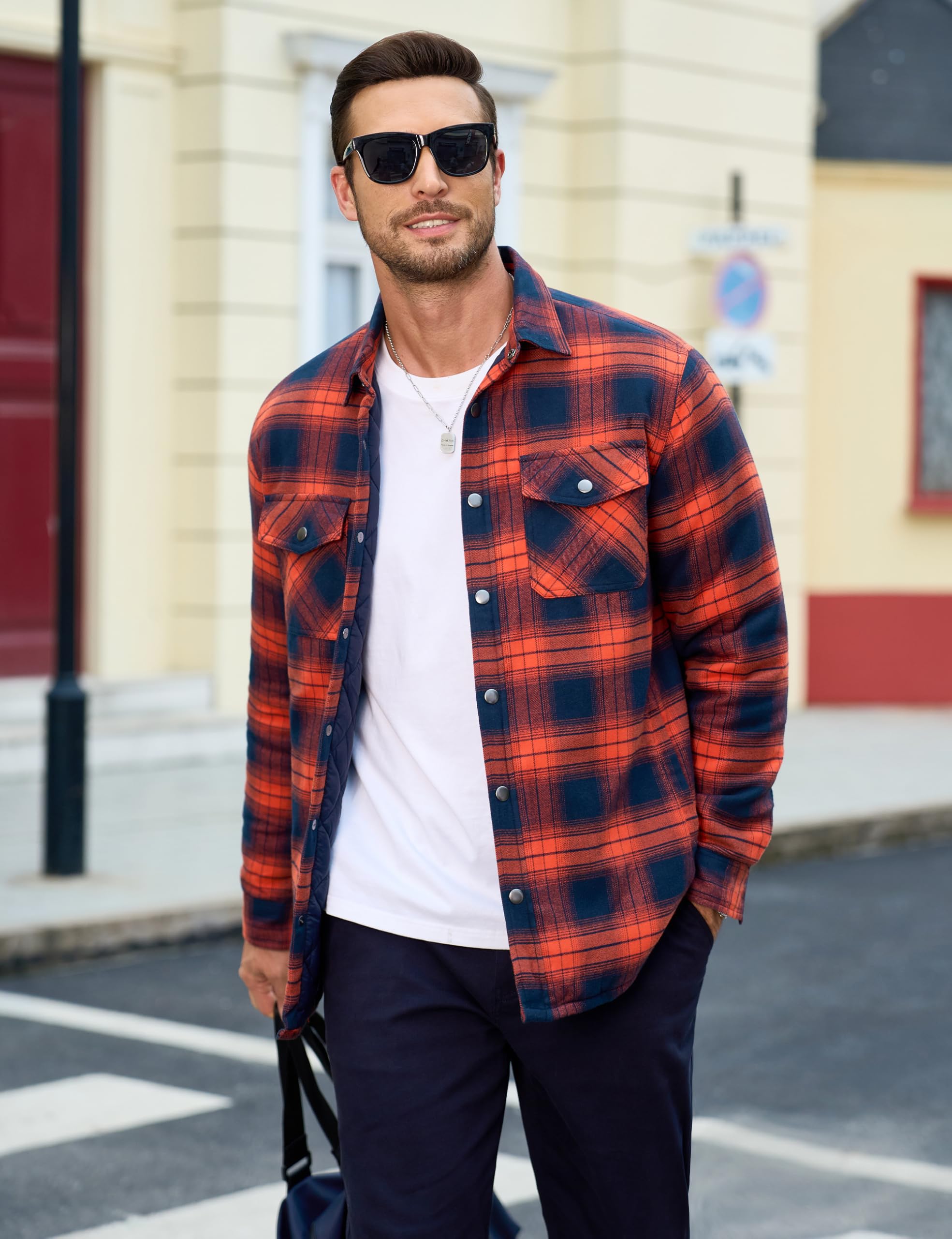 MAGCOMSEN Men's Quilted Flannel Jacket Winter Button Down Thick Casual Long Sleeve Plaid Jackets With 5 Pockets, Orange, L 1