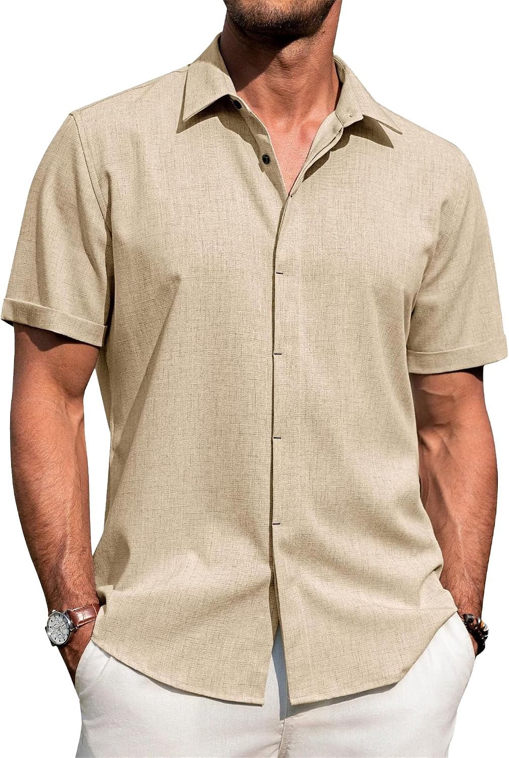 Mens Short Sleeve Linen Shirts Casual Button-Down Shirt Lightweight Summer Tops