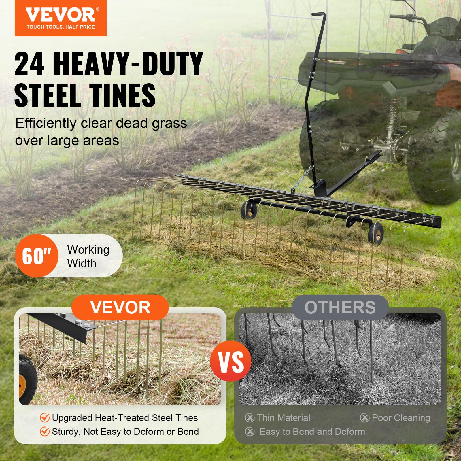 VEVOR Wertykulator, wertykulator 60 cali z 24 stalowymi zębami, wertykulator trawnika do ATV lub kosiarki, grabie trawnikowe z uchwytem do podnoszenia liści, igieł jodłowych i trawy