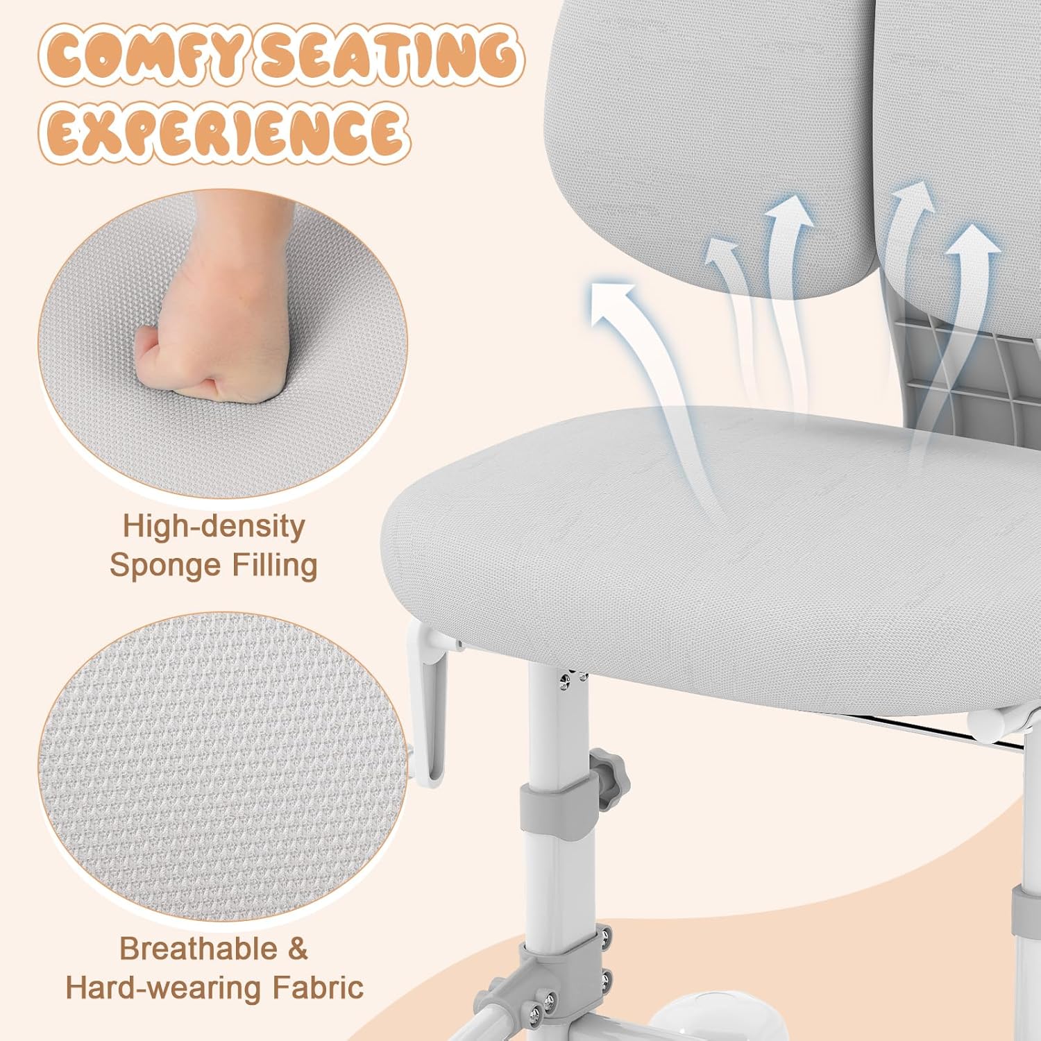 Costzon Kids Chair, Study Desk Chair with Ergonomic Double Backrest, Adjustable Seat Height & Depth, and Rotatable Footrest, Armless Kids Office Chair for Girls & Boys Aged 4-12 Years Old (Gray)