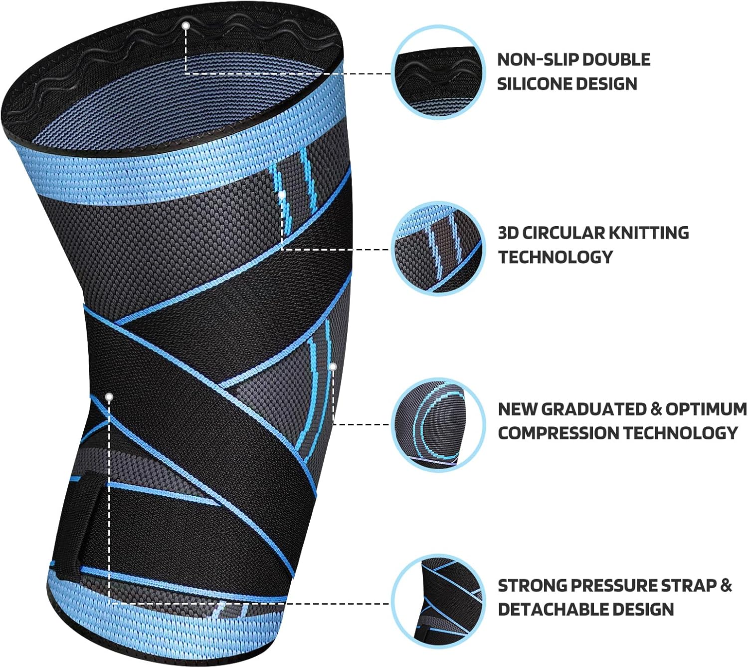 Knee Brace with Straps for Women/Men, Knee Compression Sleeve for Knee Pain, Arthritis, ACL, PCL, Meniscus Tear, Joint Pain Relief. Knee Support for Running, Workout, 1 pack (Blue, XX-Large)