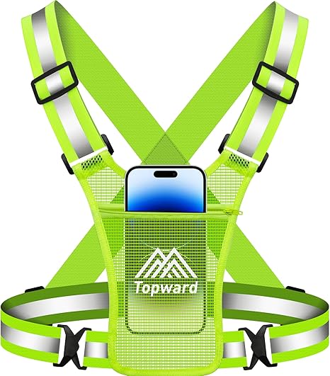 Running Vest Chest Phone Holder for Women Men, Reflective Vest Safety Gear for Dog Walking Cycling - Adjustable Waist/Shoulder