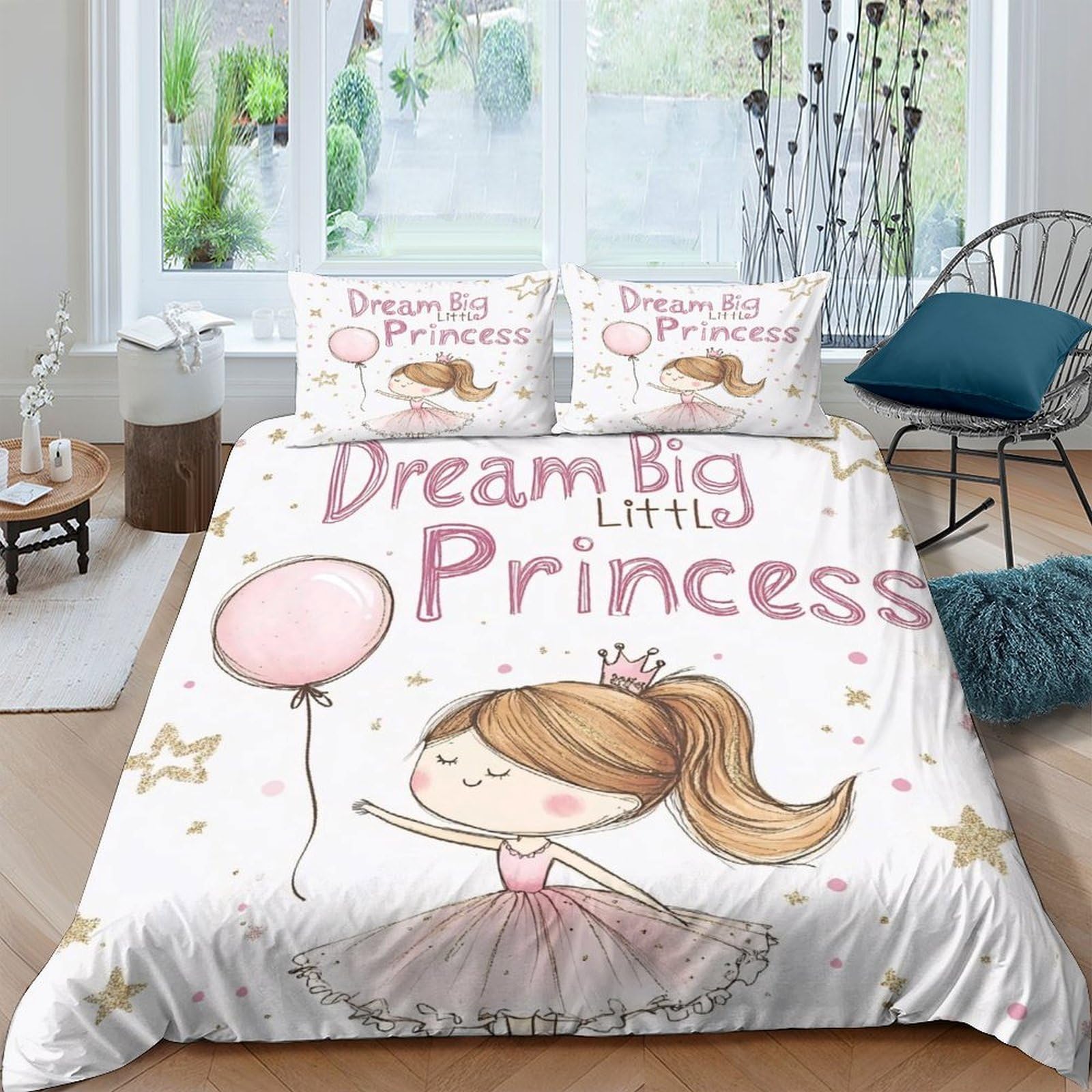 GPLZQXKJNH 3D Printed Dream Big Little Princess Duvet Cover Microfiber Soft Breathable Bedding Set with 2 Pillowcases for Bedroom Decor Single（135x200cm）