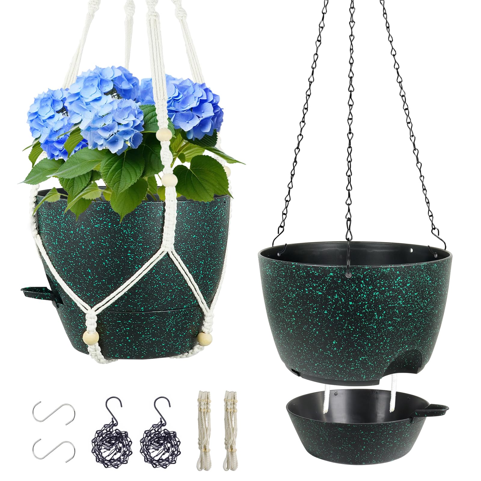 Meowell 10 inch Self Watering Hanging Planters, 2 Pack Hanging Flower Pots for Indoor Outdoor Plants, Hanging Baskets with Drainage Holes & 2 Kinds of Plant Hangers for Home Decor, Speckled Black