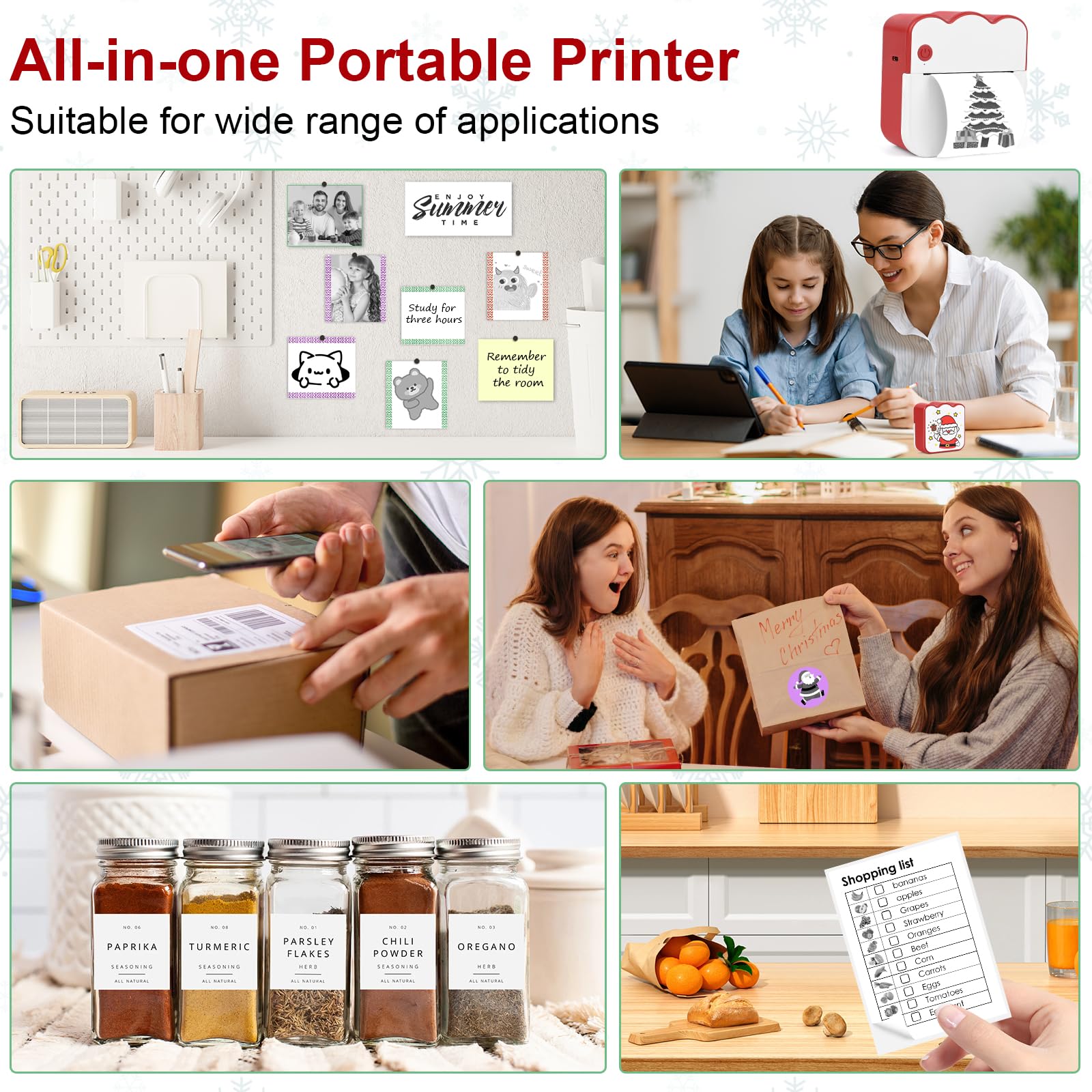 Mini Impresora para Movil, Navidad Impresora Fotográfica con 13 Rollos de Papel, Portátil Mini Impresora Bluetooth Inalámbrico Impresora Térmica, Movil Impresora Fotos, para Fotos Nota, Imagen