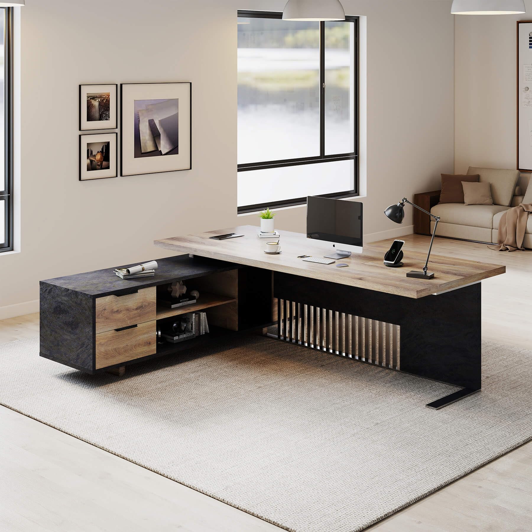 78.7 Inch Large Executive Desk with Drawers Cabinet, L Shaped Office Desk, Computer Desk with Universal Charging Ports and Cable Management for