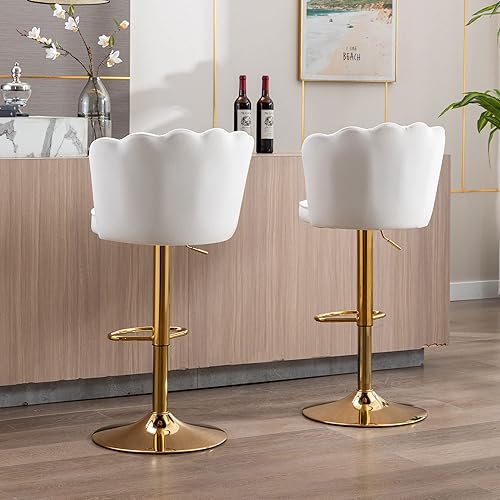Miniatura 4 de DM Furniture Taburetes de bar giratorios de altura de barra, juego de 2 taburetes de bar tapizados ajustables de terciopelo con respaldobase dorada