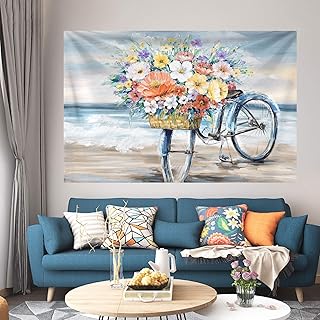 Vélo Fleurs Panier Tapisserie Tenture Murale Literie Tapisserie Peinture À L'huile Nature Paysage Plage Couverture pour Chambre Salon Dortoir 150x130 cm