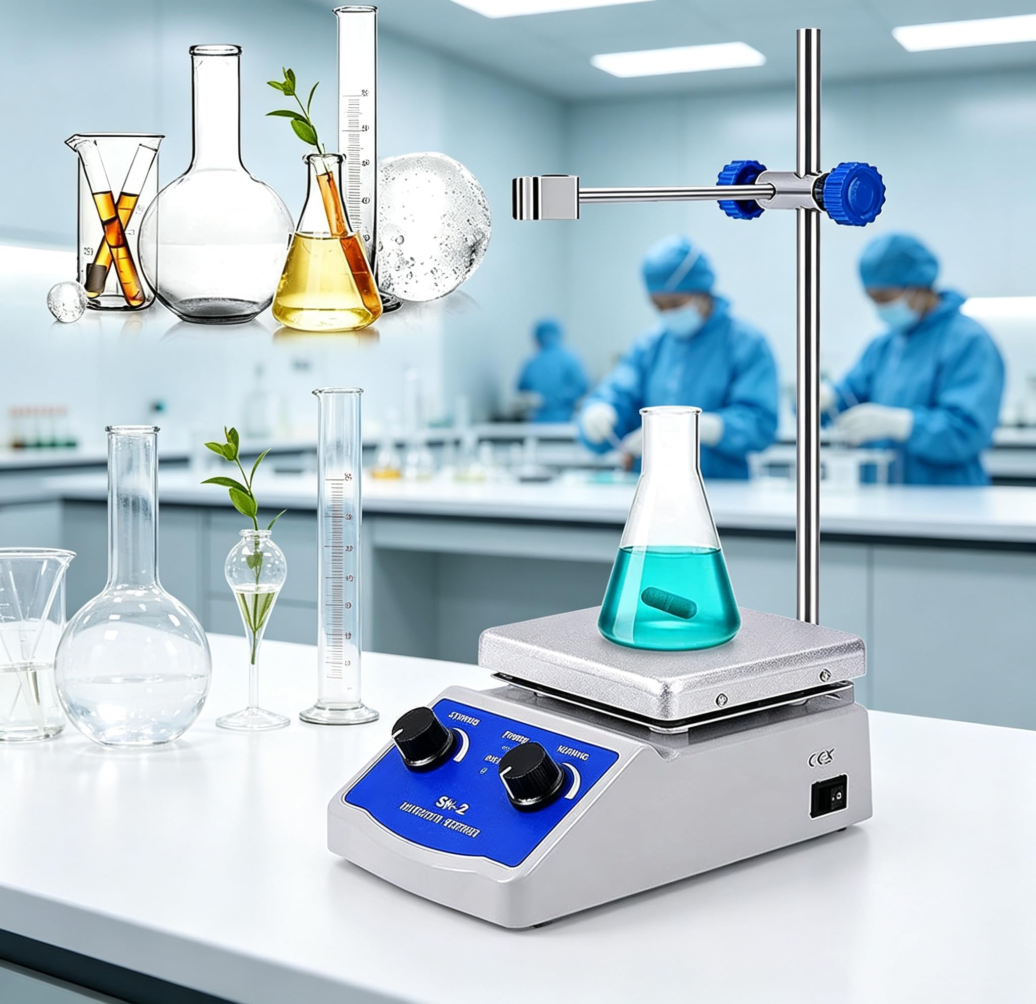 Placa caliente del agitador magnético del laboratorio 180W con el soporte | Ideal para aula y uso educativo. Control de velocidad preciso, placa recubierta de cerámica duradera