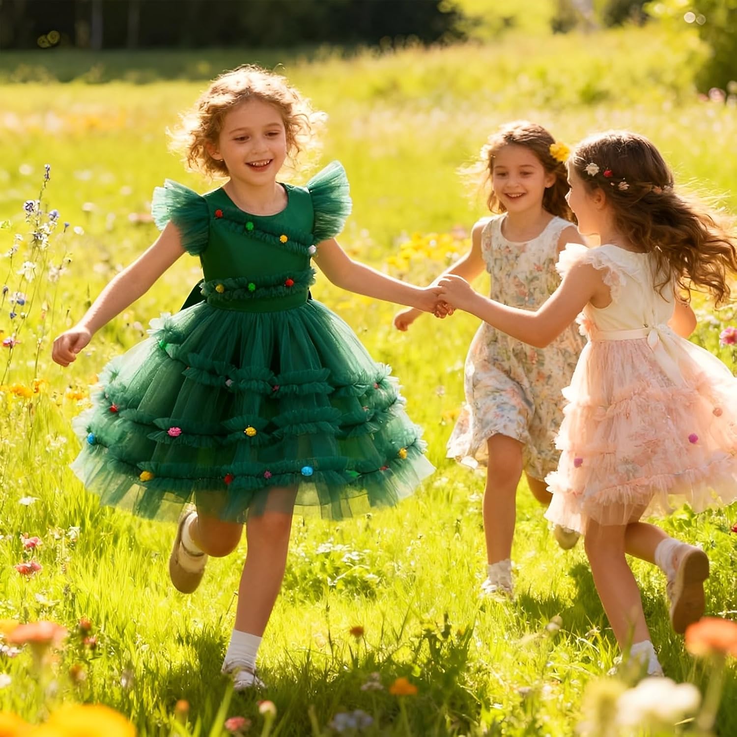 GRAJTCIN Girls Christmas Tree Dress Elf Christmas Costume with Glasses Kids Xmas Birthday Holiday Party Outfit - Image 7