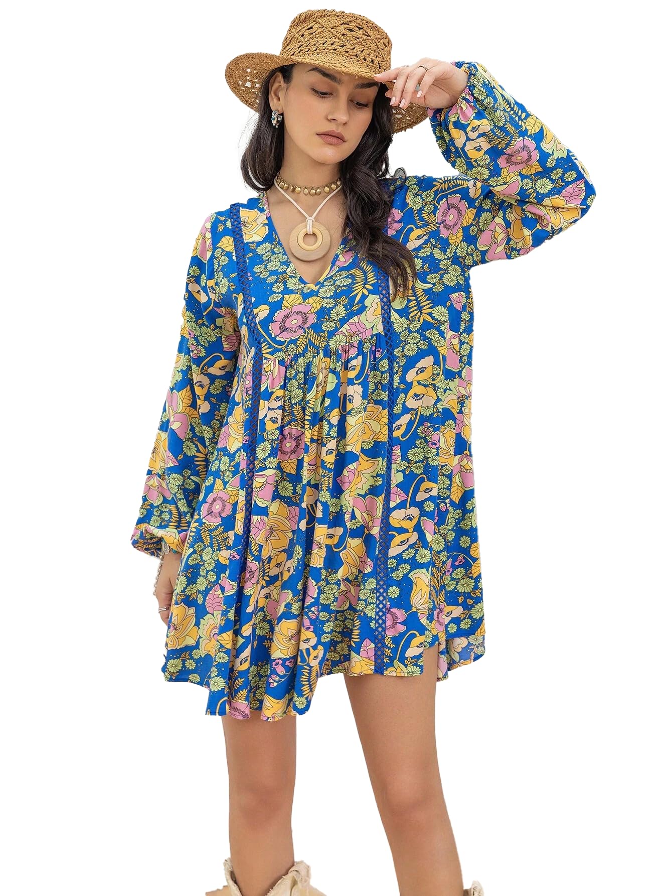 Smowkly Floral Print Bishop Sleeve Smock Dress 1246_Bl_Xl Blue