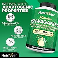 Vista 3 de Nutrivein Ashwagandha for Men & Women - 1600mg - Enhanced with Black Pepper - High-Absorption Root Powder Ashwagandha Supplements for Mood Balance