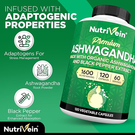 Nutrivein Ashwagandha for Men & Women - 1600mg - Enhanced with Black Pepper - High-Absorption Root Powder Ashwagandha Supplements for Mood Balance, Restful Sleep, Focus - 120 Vegan Capsules