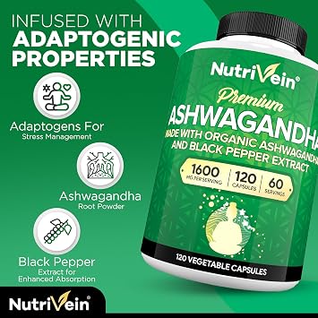 Nutrivein Ashwagandha for Men & Women - 1600mg - Enhanced with Black Pepper - High-Absorption Root Powder Ashwagandha Supplements for Mood Balance, Restful Sleep, Focus - 120 Vegan Capsules