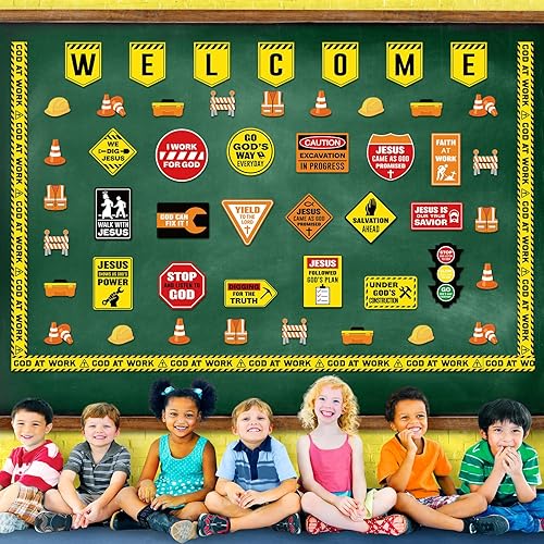 Miniatura 7 de Harloon 67 piezas de decoración de aula de construcción cristiana, tableros de anuncios de bienvenida religiosa, recortes de letreros de viaje por
