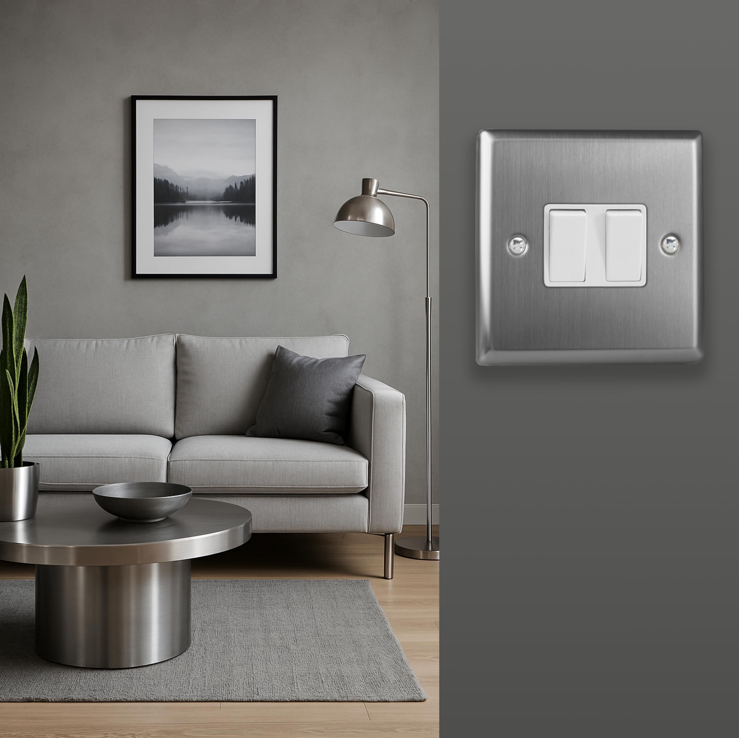 Varilight Double Rocker Light Switch 2-Way - Classic Brushed Steel With White Rockers, XT2W, 91x91x25mm - Image 2