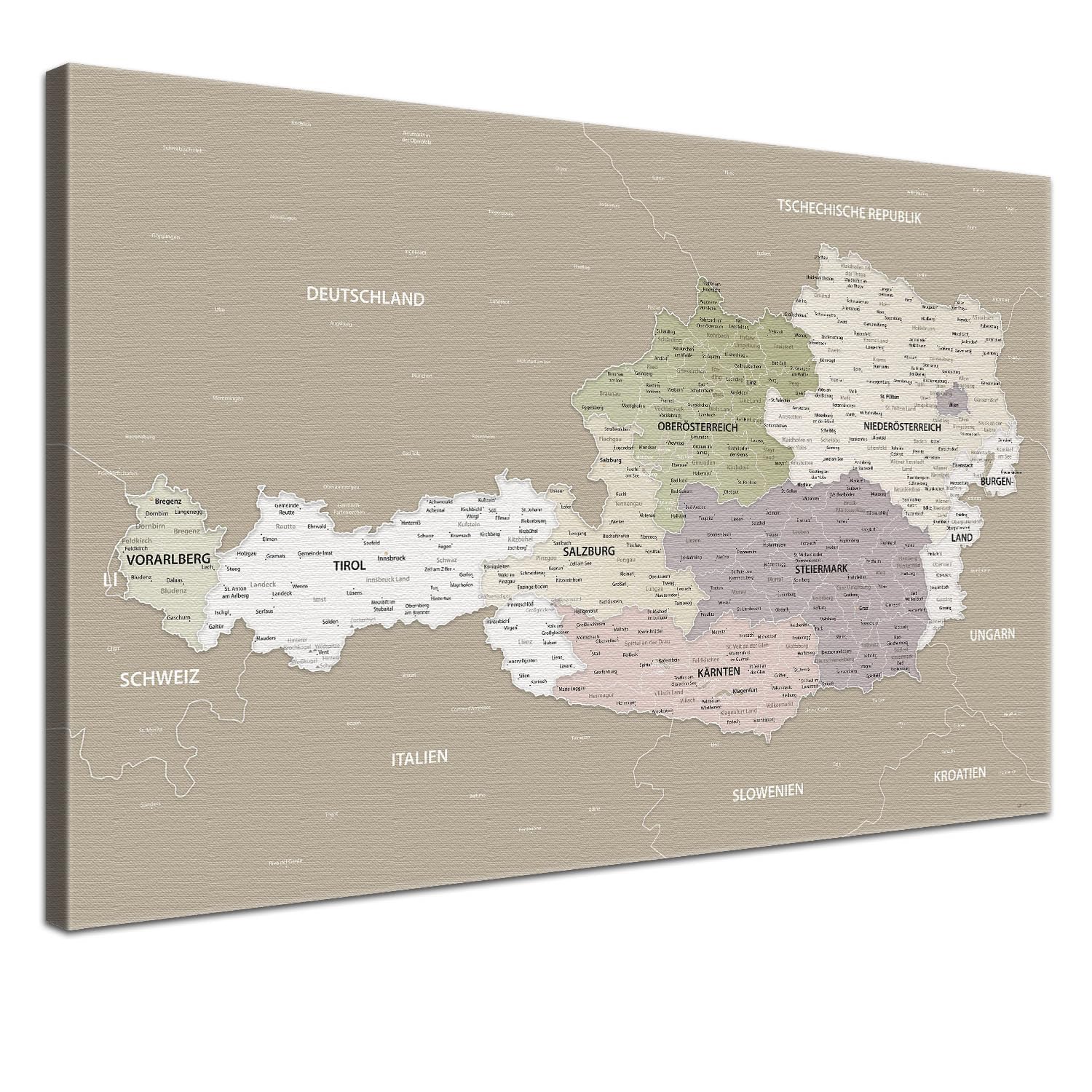 LANA KK - Premium Leinwandbild Österreichkarte - Grau Sand - Deutsch - in 80 x 60 cm, stabile Rückwand zum Pinnen inkl. Starterkit - Leinwand-Kunstdruck Wandbild Landkarte XXL