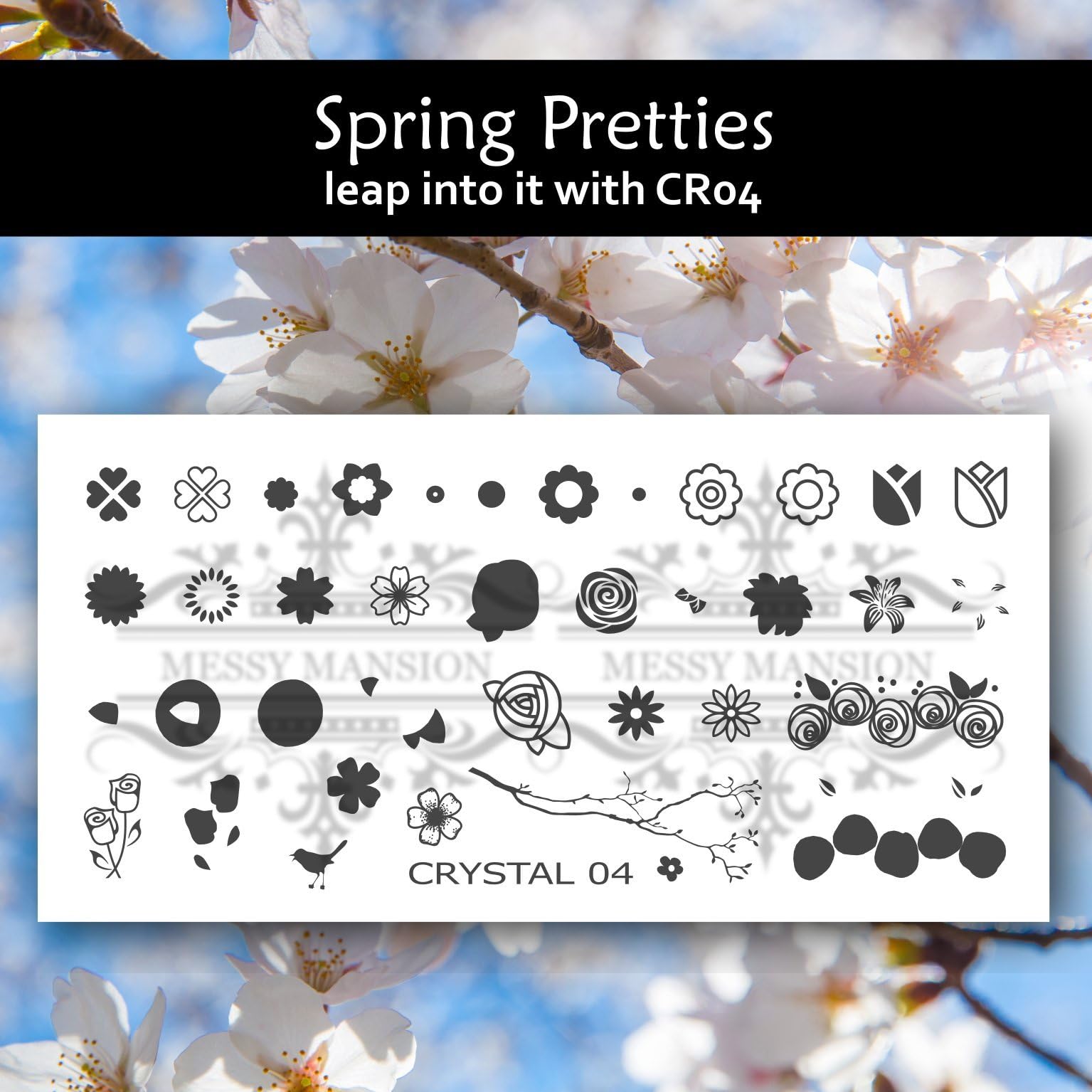 MESSY MANSION Crystal Spring Flowers and Roses CR04 Layering Nail Art Stamping Plate