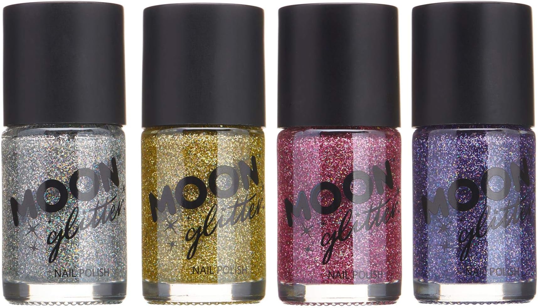 Holographic Glitter Nail Polish by Moon Glitter - Set of 4 colours - Sparkle and Shine Nail Varnish - 14ml