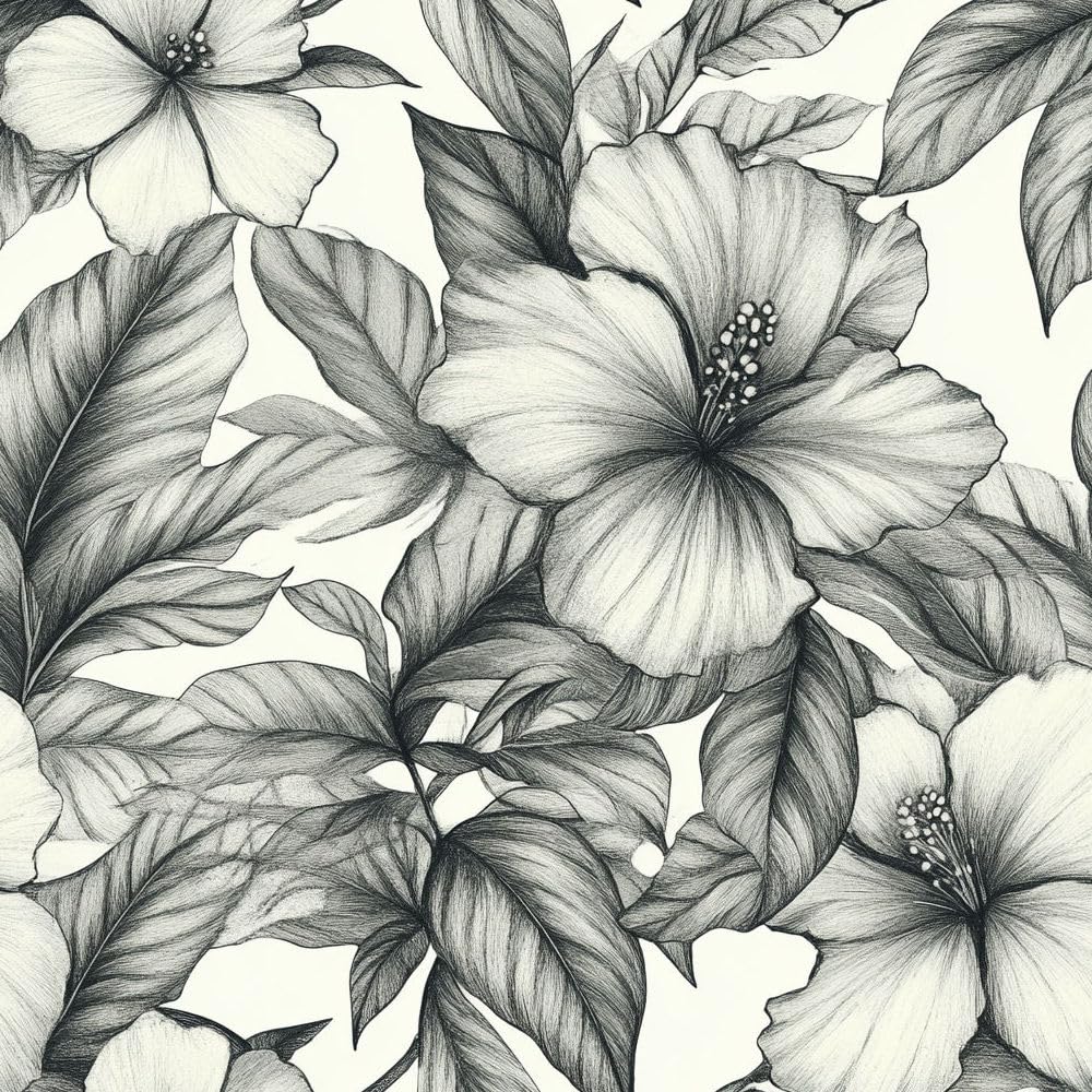Papel pintado autoadhesivo Floral en blanco y negro Papel tapiz adhesivo Flor retro Plástico adhesivo impermeable para la parte posterior de la sala de estar el dormitorio los muebles el vinilo para