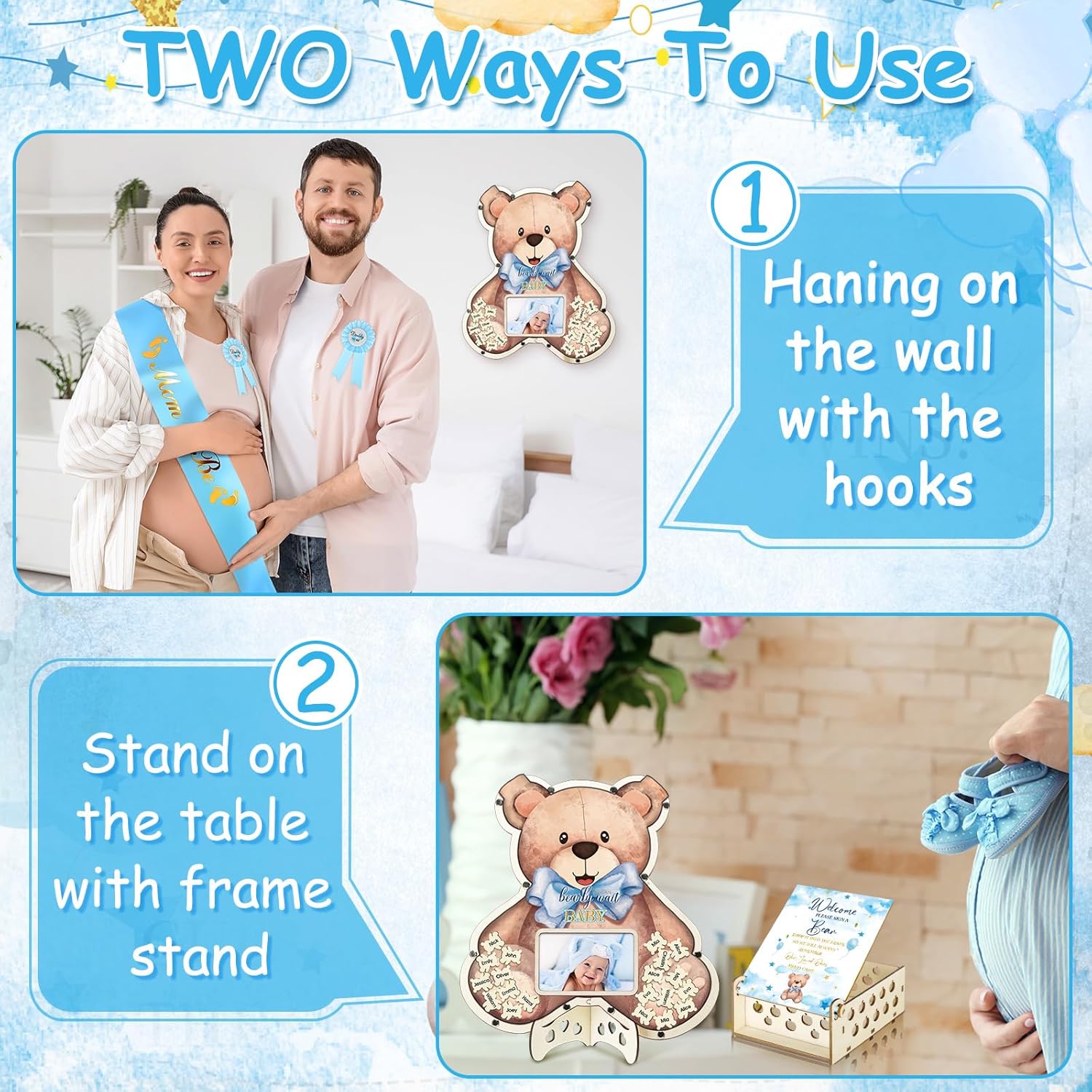 DoubleFill 119 Pcs Baby Shower Guest Book Alternatives Set Baby Shower Decorations with Photo Frame Sonogram Frame Keepsake with Mom Dad to Be Sashes Guessing Game Pregnancy Announcement Decor