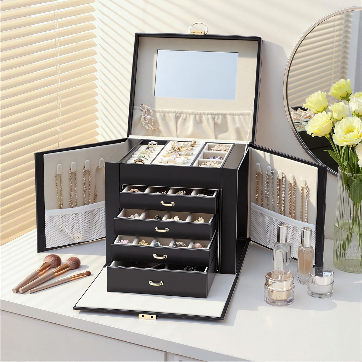 EnHomee Jewelry Box Jewelry Organizers and Storage Jewelry Boxes for Women 5-Layer Large Jewelry Organizer with Mirror & 4 Drawers for Rings, Necklaces, Bracelet Lockable Case with Lock, Black