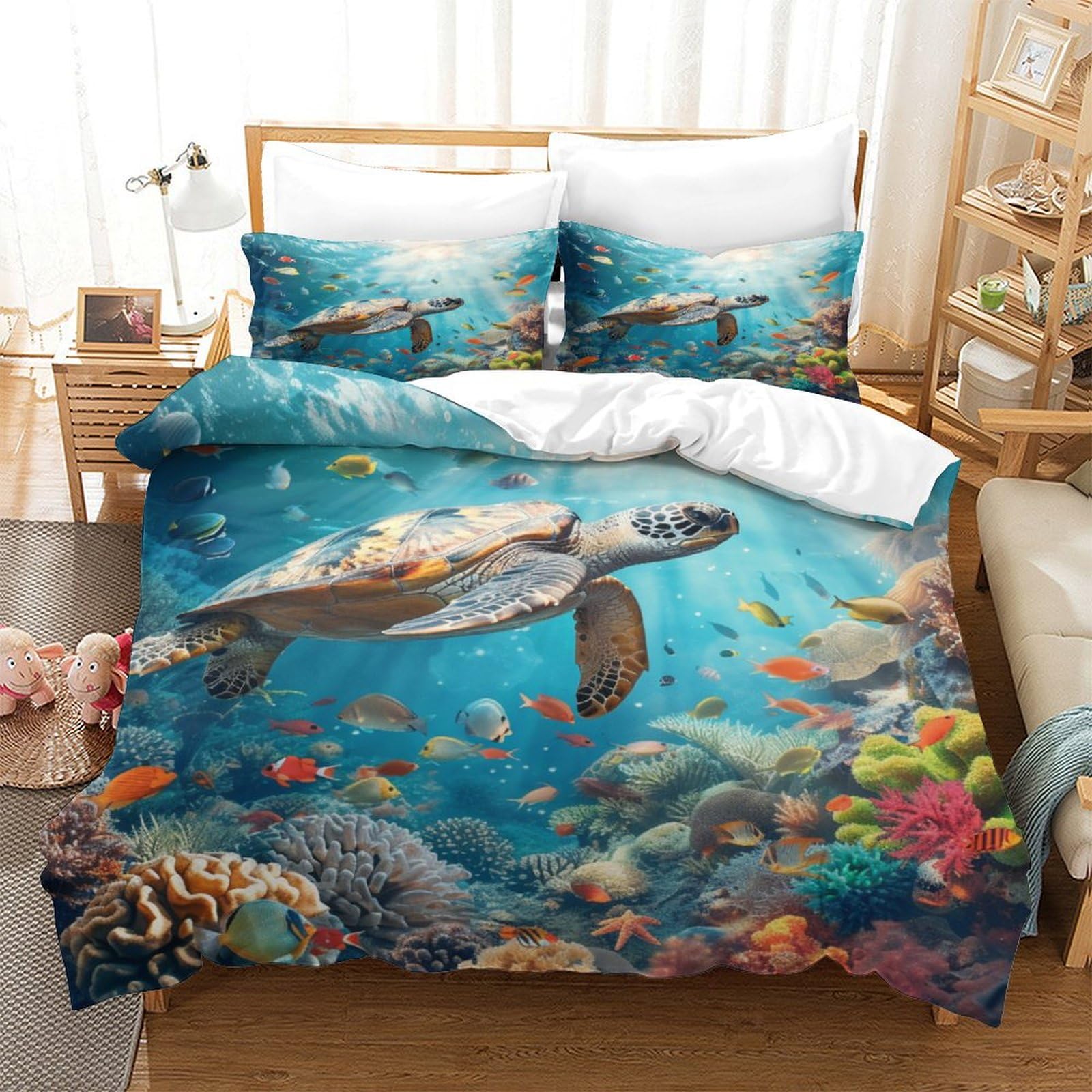 P1s9u7w5y Sea Turtle-4 3D Printed Ocean Turtle Duvet Cover Set 3Pcs Microfiber Coral Reef Bedding Set King（220X240cm）