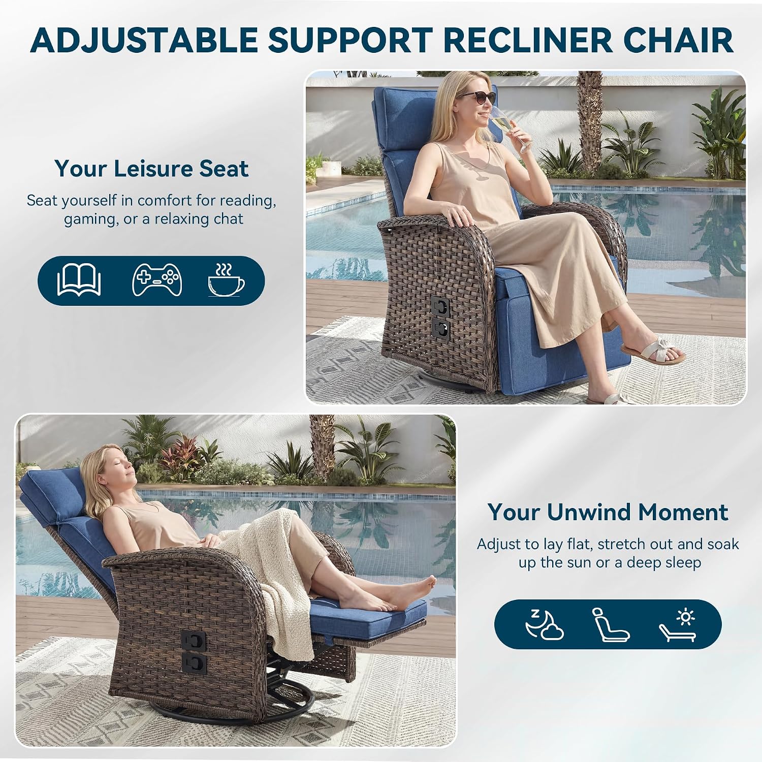 Zero Gravity Patio Swivel Recliner Chair - Wicker Outdoor Lounge Chair with Adjustable Backrest & Footrest, All Weather Reclining Chairs with Thick Cushion for Pool Deck Blue image 5